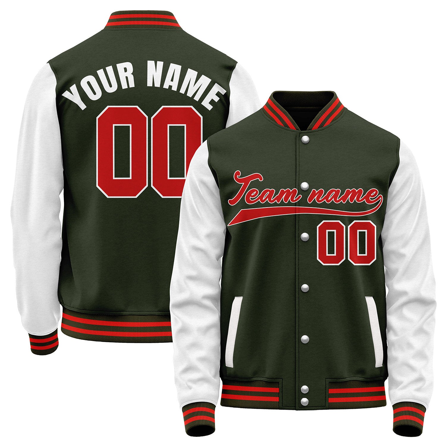 Custom college baseball jackets, dark olive and white retro collegiate varsity letterman bomber jacket, personalized team name, number and logo.