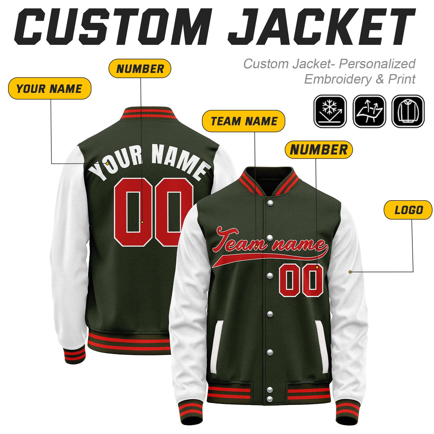 Custom Dark Olive & White Baseball Bomber Jacket | Retro Collegiate Varsity & Letterman