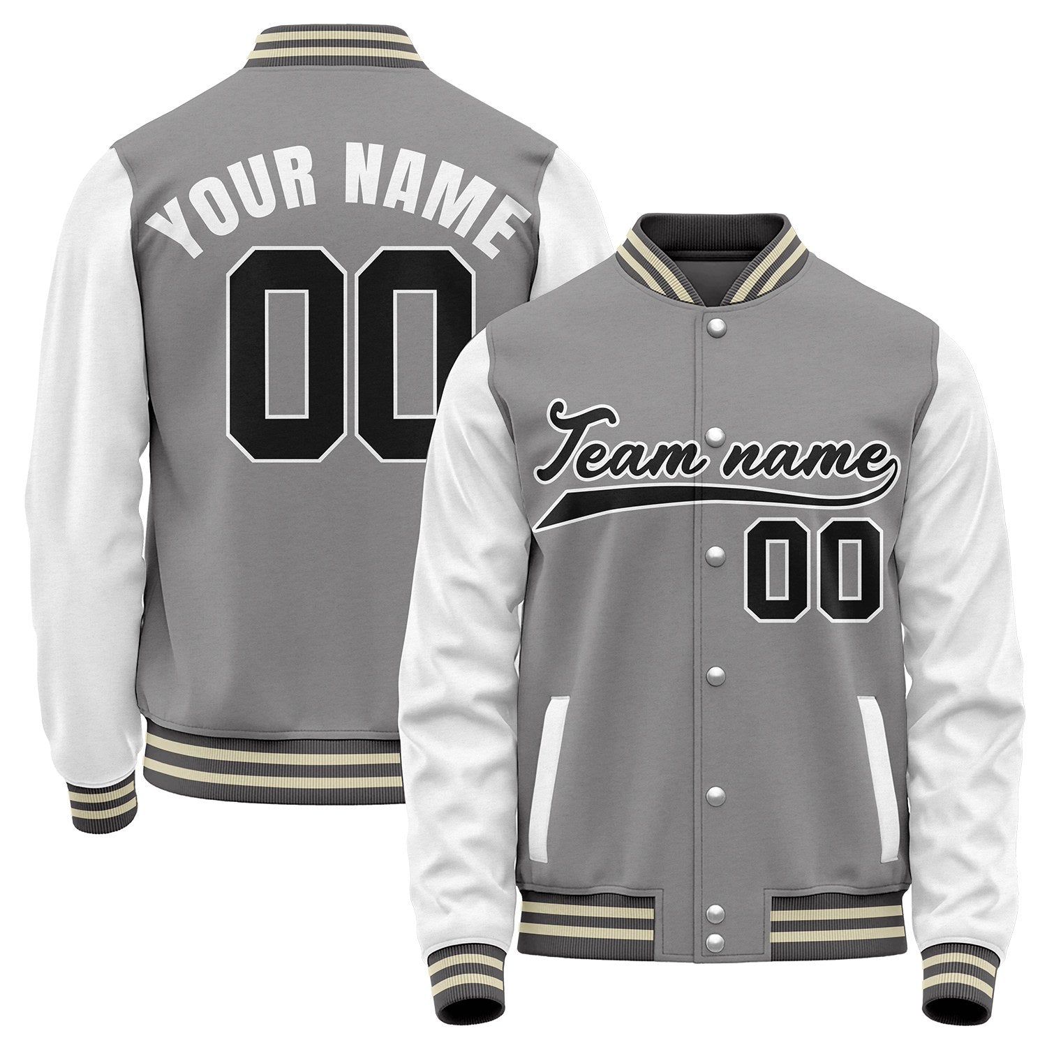 Custom college baseball jackets, grey and white retro collegiate varsity letterman bomber jacket, personalized team name, number and logo.