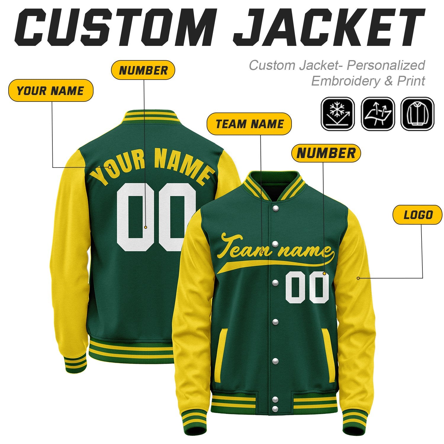 - Custom Green & Yellow Baseball Bomber Jacket | Retro Collegiate Varsity & Letterman