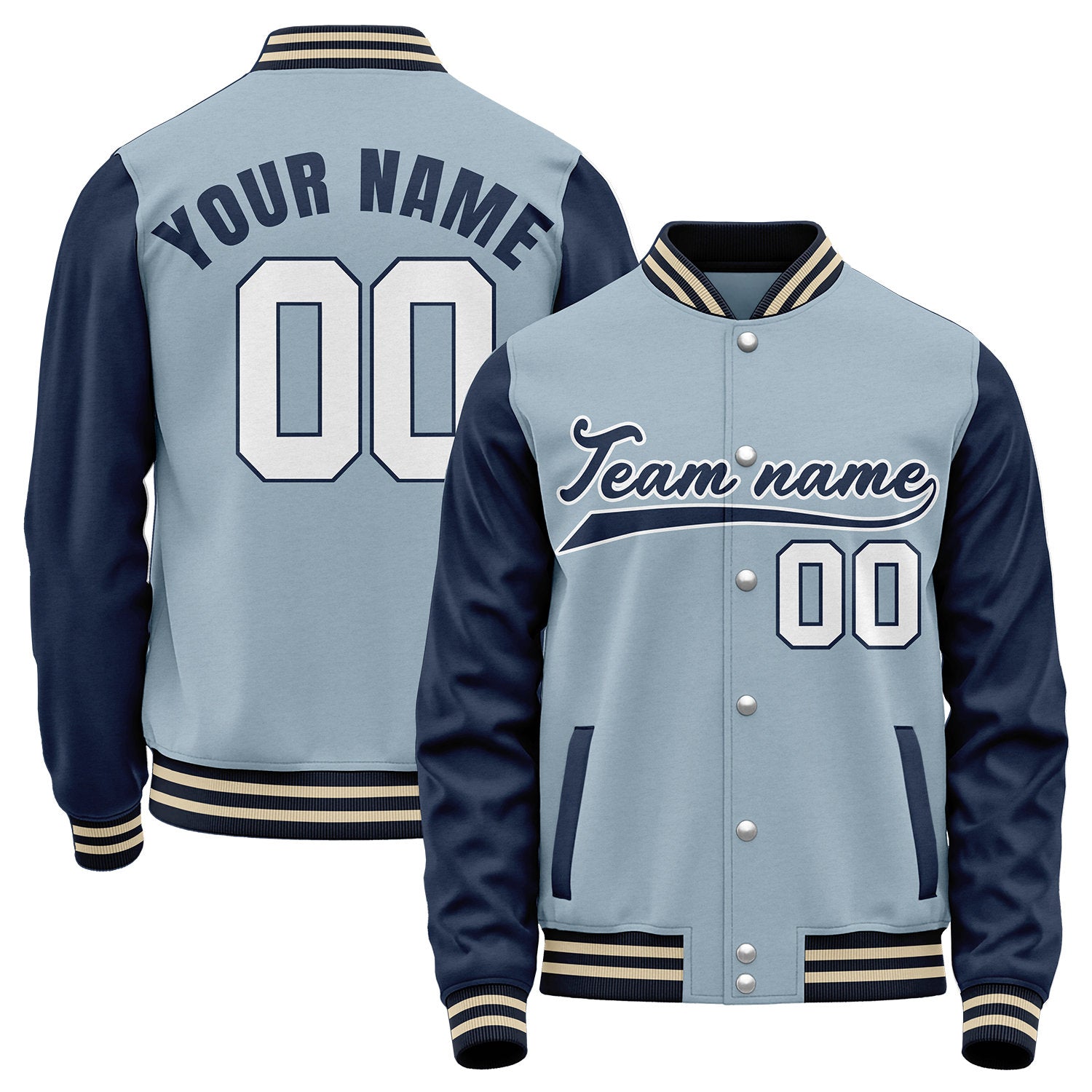 Custom college baseball team jackets, light blue and navy retro collegiate varsity letterman bomber jacket, personalized team name, number and logo.