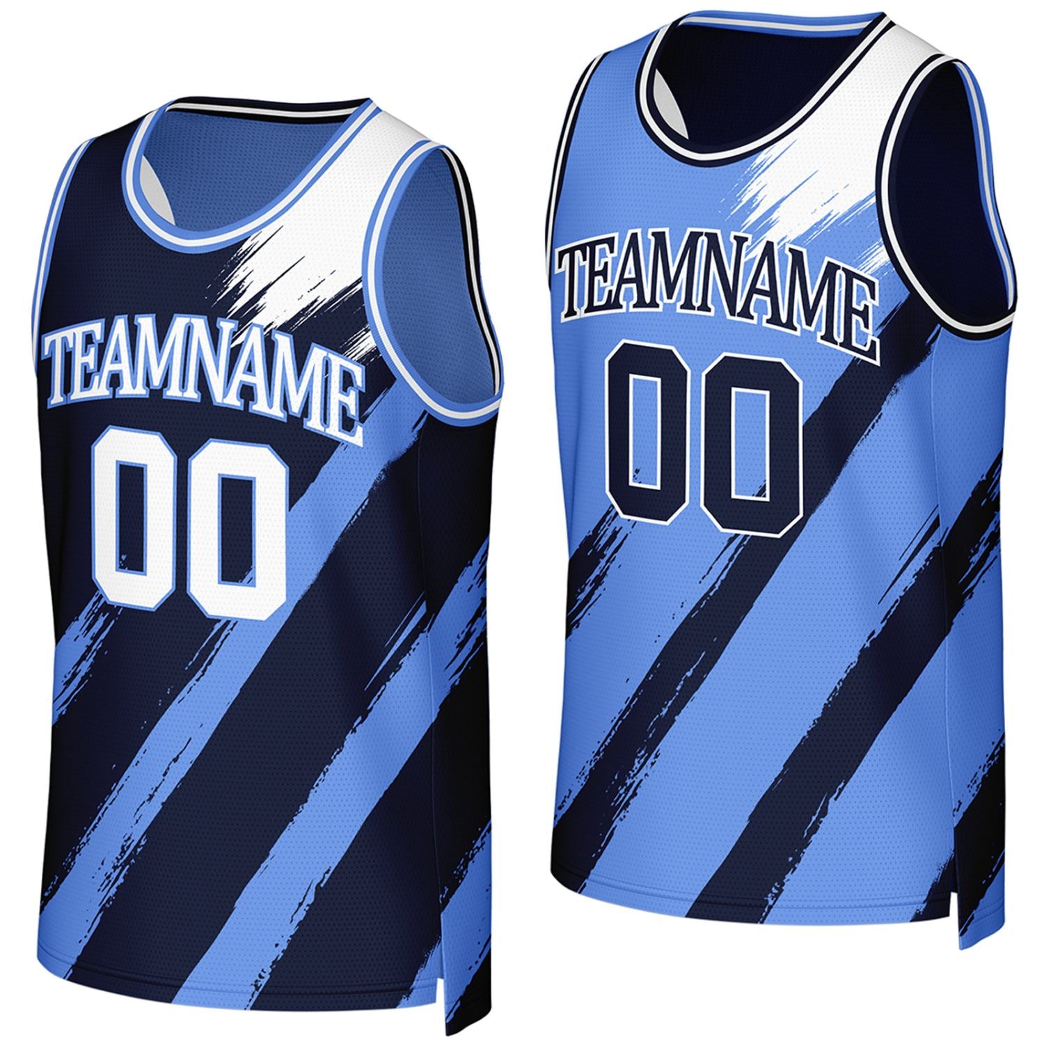 Custom college basketball jerseys navy lightblue reversible by Vosoli, Personalized team name, number & logo. Fast delivery.