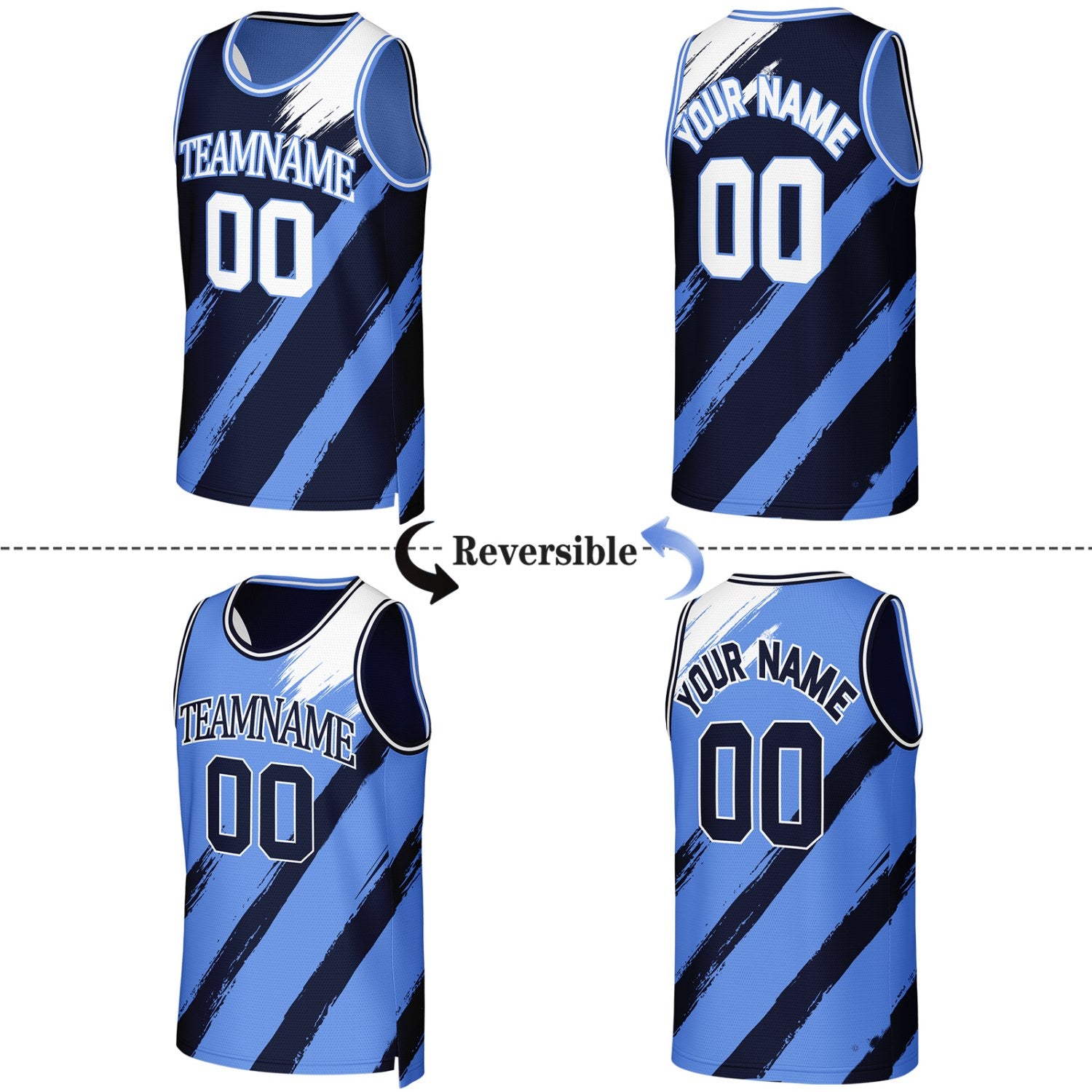 Custom Navy & Light Blue Brush Stroke Reversible Basketball Jersey | Personalized Team Uniforms for Adult & Youth
