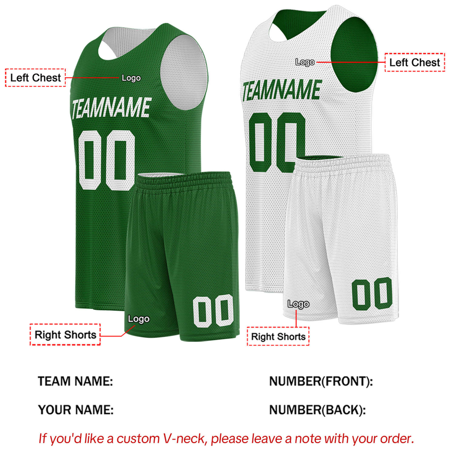 Custom Forest Green & White Double Sided Basketball Uniform Set | Breathable Mesh Tank Top and Shorts