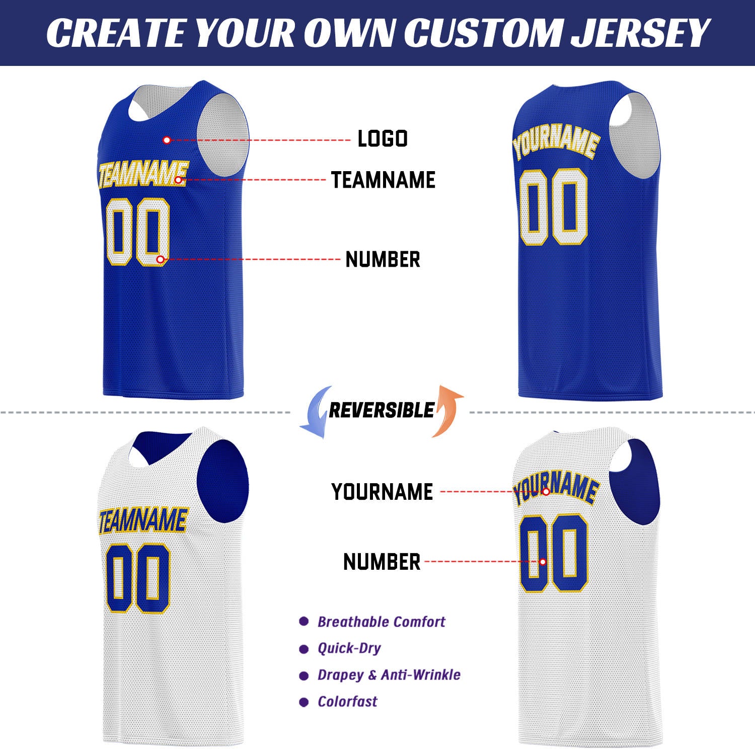 Custom Royal Blue & White Double Sided Basketball Uniform Set | Breathable Mesh Tank Top and Shorts