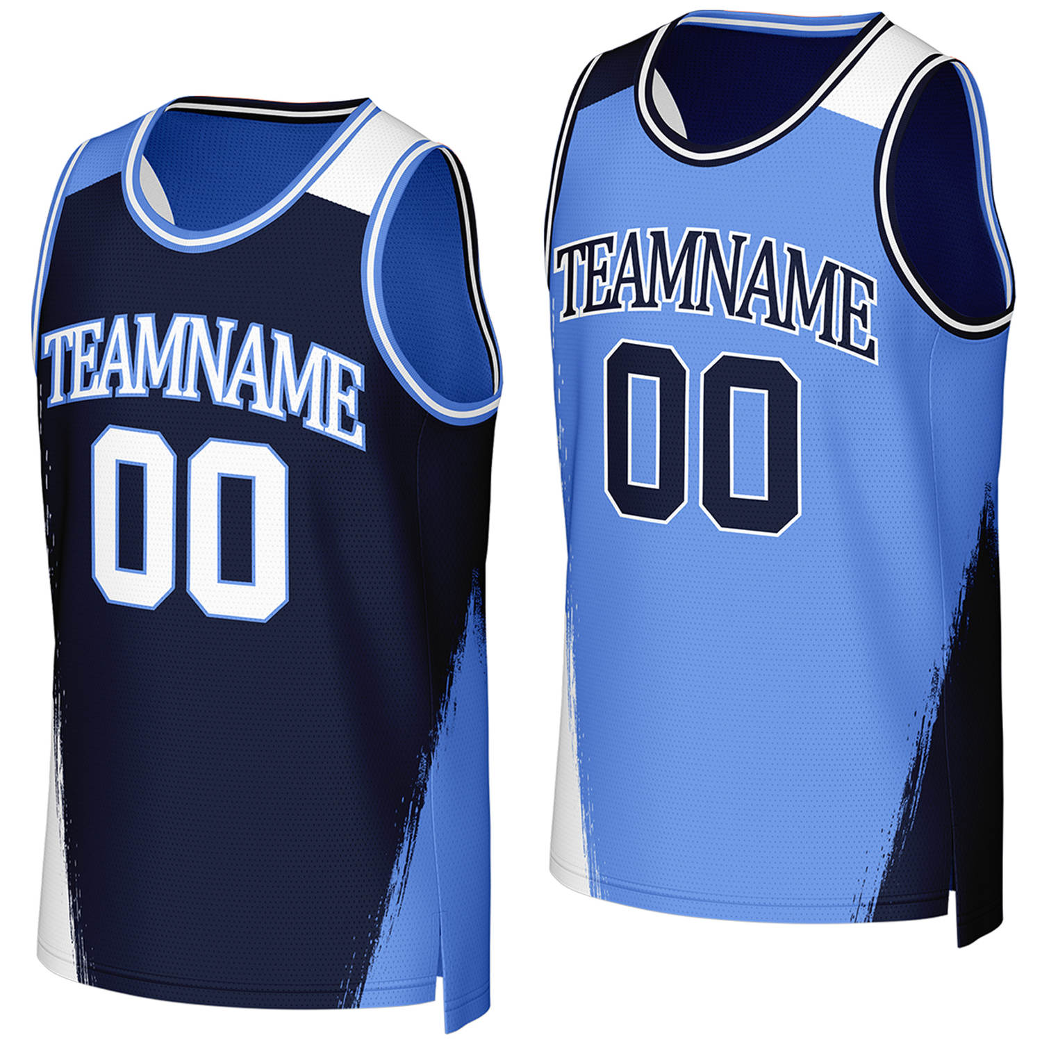 Custom college club basketball jerseys navy lightblue reversible by Vosoli, Personalized team name, number & logo. Fast delivery.