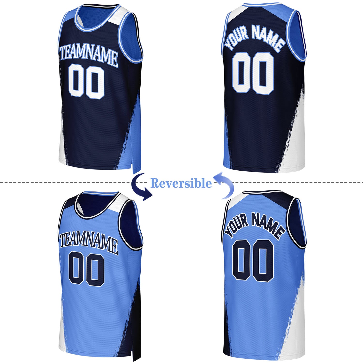 Custom Navy & Light Blue Brush Stroke Reversible Basketball Jersey | Personalized Team Uniforms for Adult & Youth