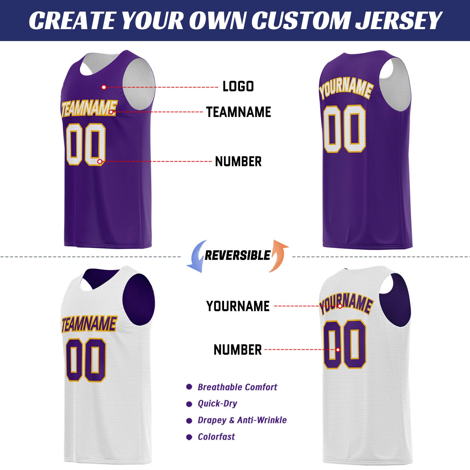 Custom Purple & White Double Sided Basketball Uniform Set | Breathable Mesh Tank Top and Shorts