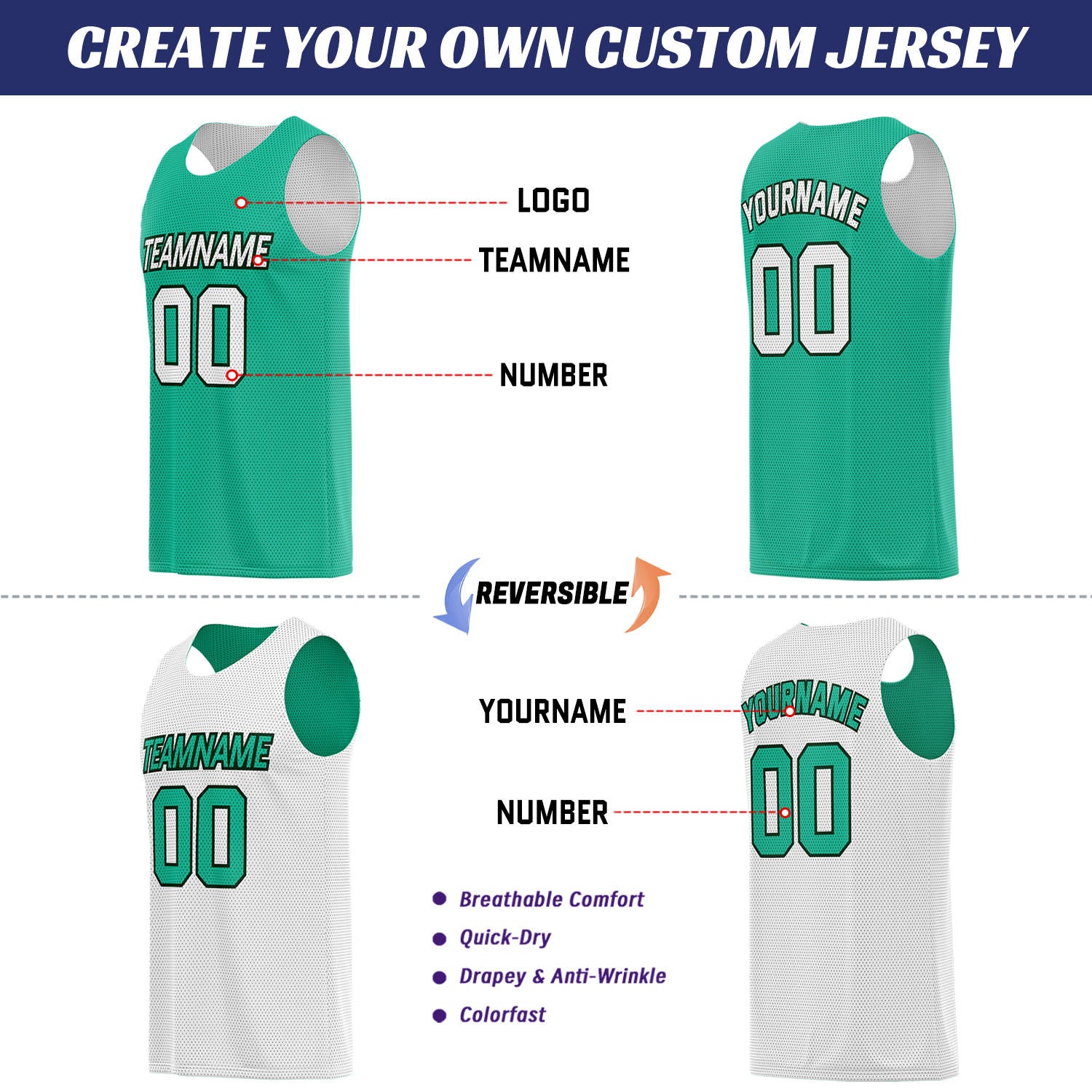 Custom Teal & White Double Sided Basketball Uniform Set | Breathable Mesh Tank Top and Shorts