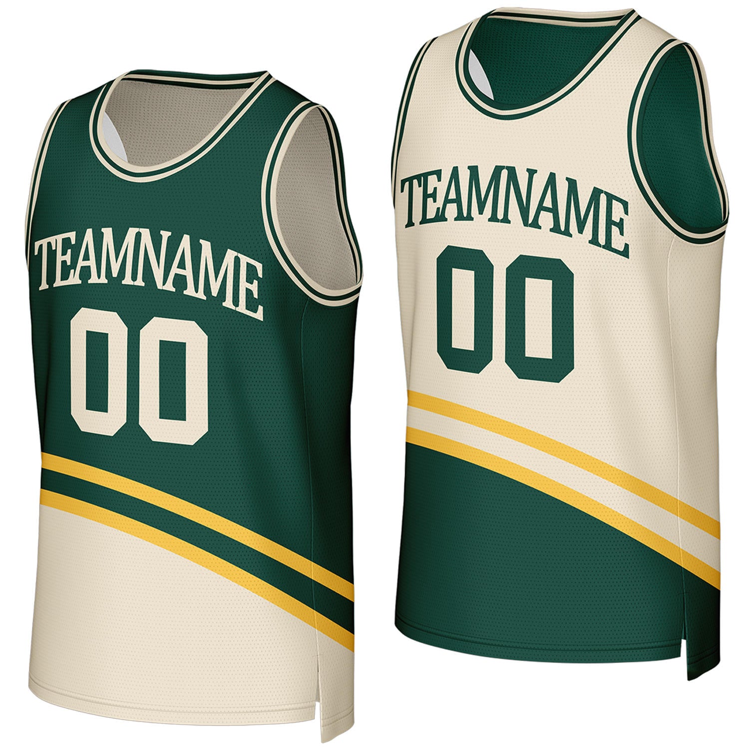 custom community league basketball jerseys green cream reversible by Vosoli, Personalized team name, number & logo. Fast delivery.