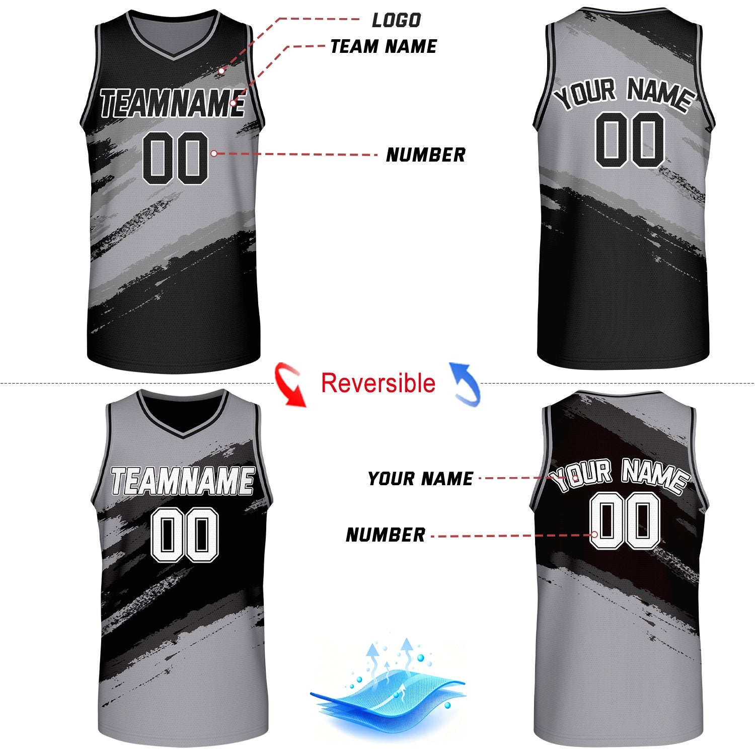 Custom Black & Gray Brush Stroke Reversible Basketball Jersey | Adult Youth Jerseys for Large Group Team Orders