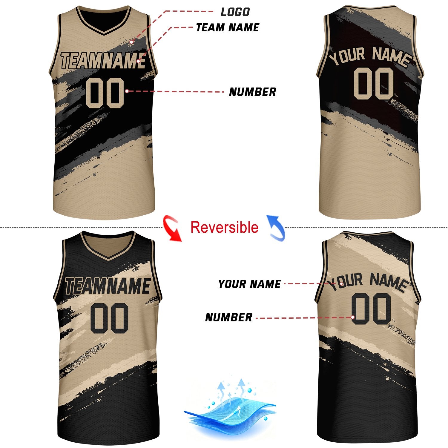Custom Black & Khaki Brush Stroke Reversible Basketball Jersey | Adult Youth Jerseys for Large Group Team Orders
