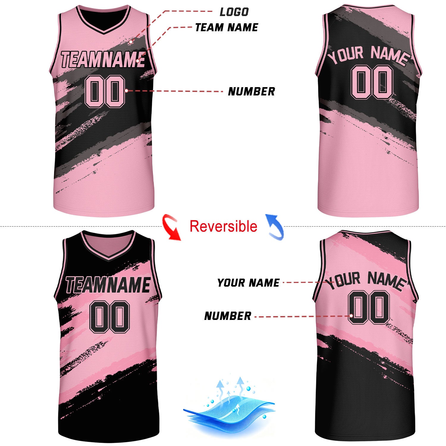 Custom Black & Pink Brush Stroke Reversible Basketball Jersey | Adult Youth Jerseys for Large Group Team Orders