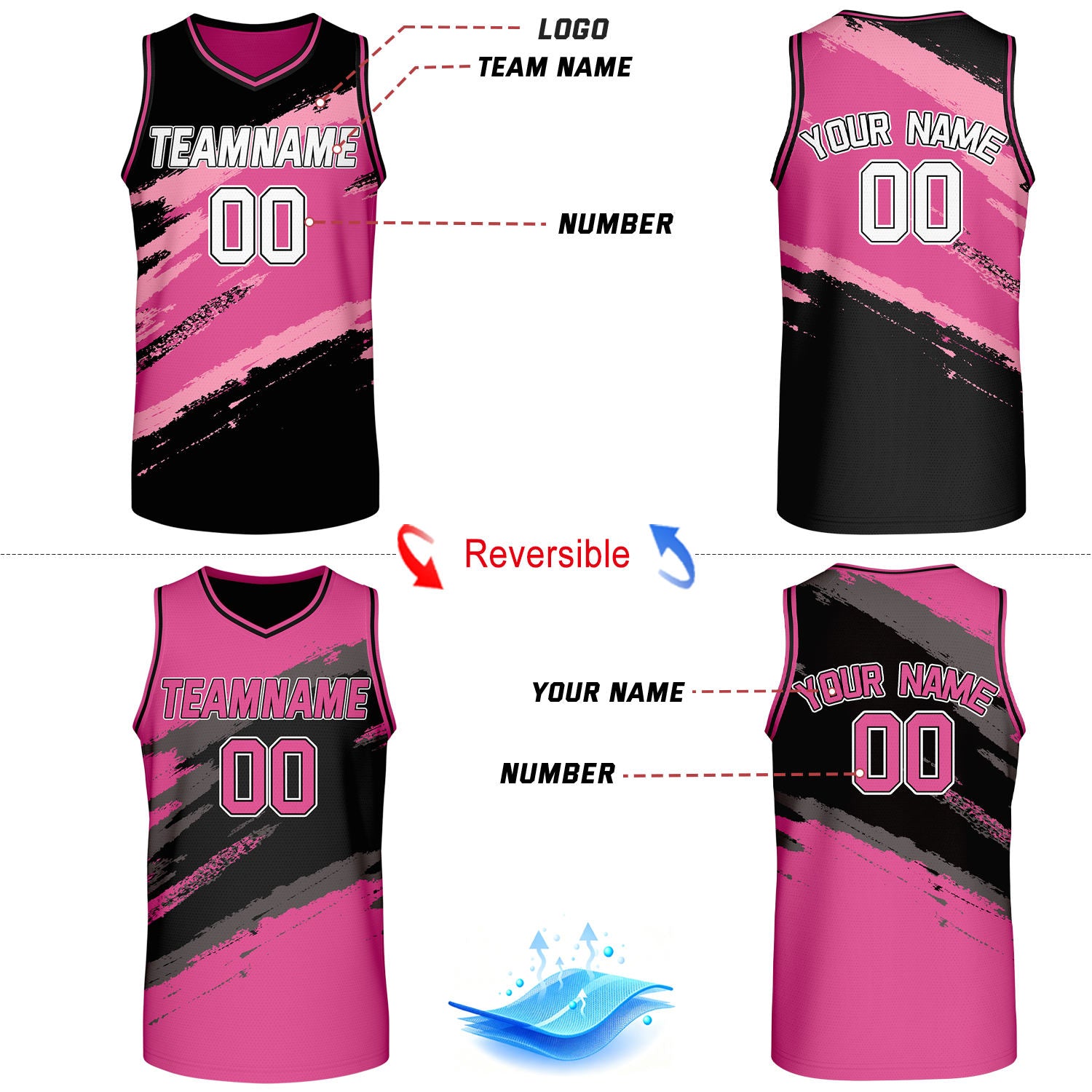 Custom Black & Pink Brush Stroke Reversible Basketball Jersey | Adult Youth Jerseys for Large Group Team Orders