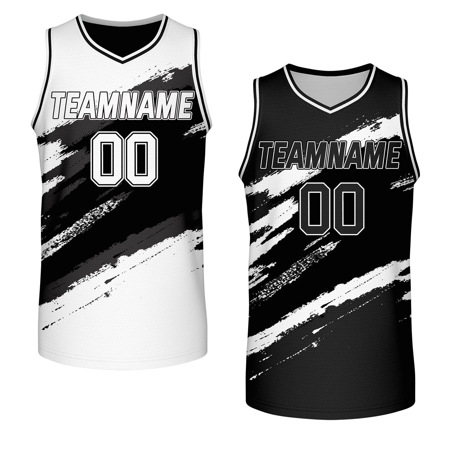 custom company basketball jerseys black white reversible by Vosoli, personalized team name, number & logo, breathable mesh dual sided basketball jersey for company corporate team games