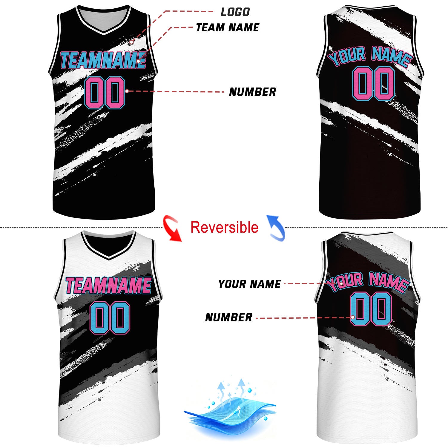 Custom Black & White Brush Stroke Reversible Basketball Jersey | Adult Youth Jerseys for Large Group Team Orders