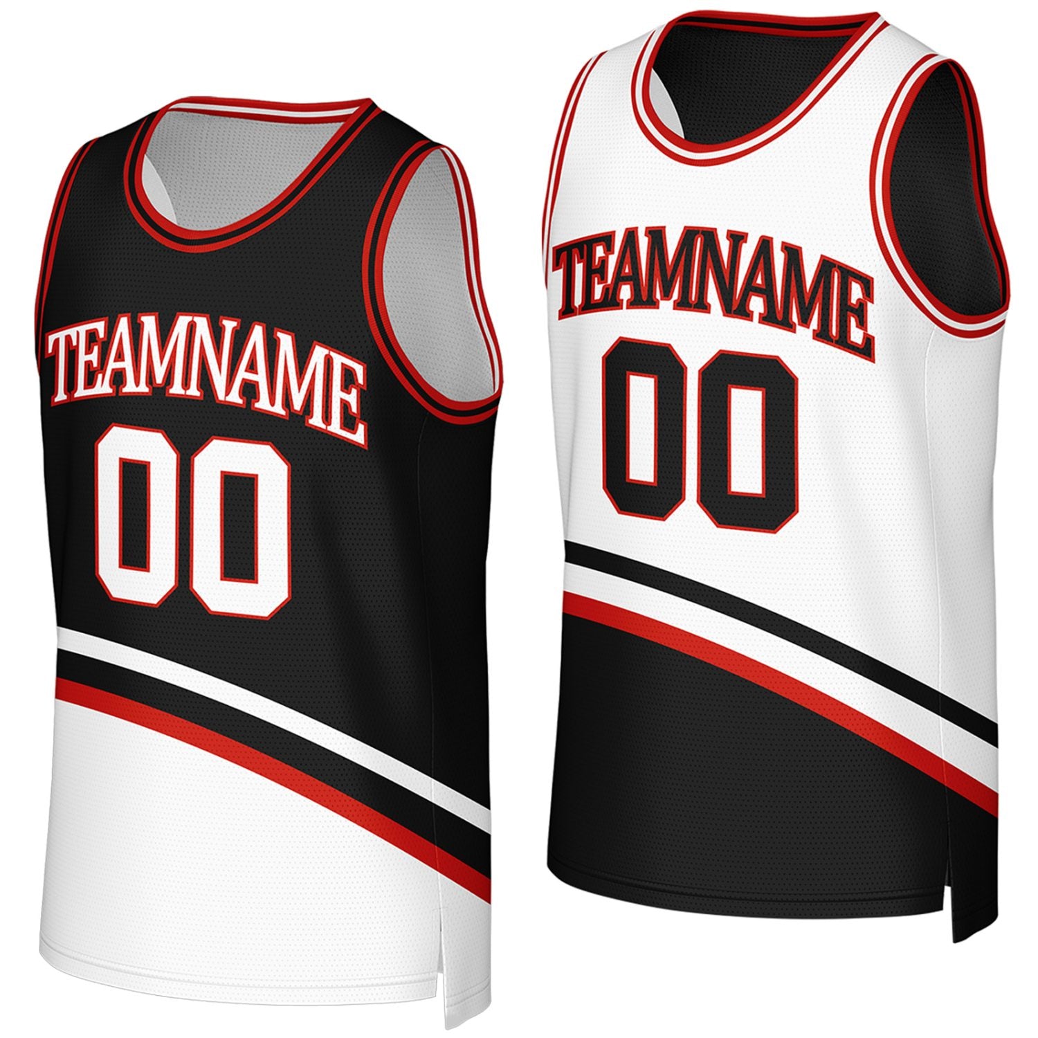 Custom company basketball team jerseys by Vosoli. Personalized black & white reversible jersey with name, number & logo. Breathable mesh fabric. Fast US shipping.