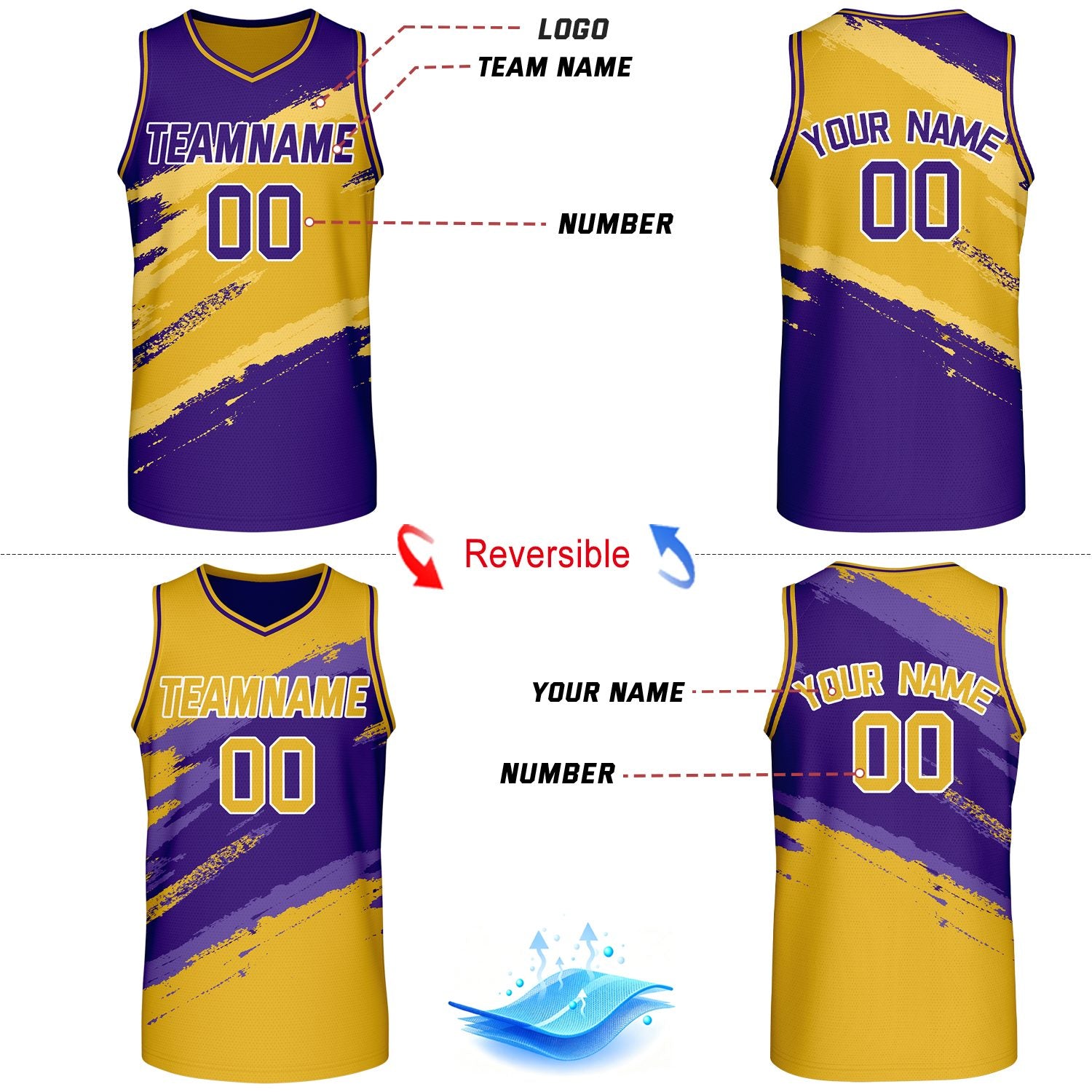 Custom Purple & Gold Brush Stroke Reversible Basketball Jersey | Adult Youth Jerseys for Large Group Team Orders