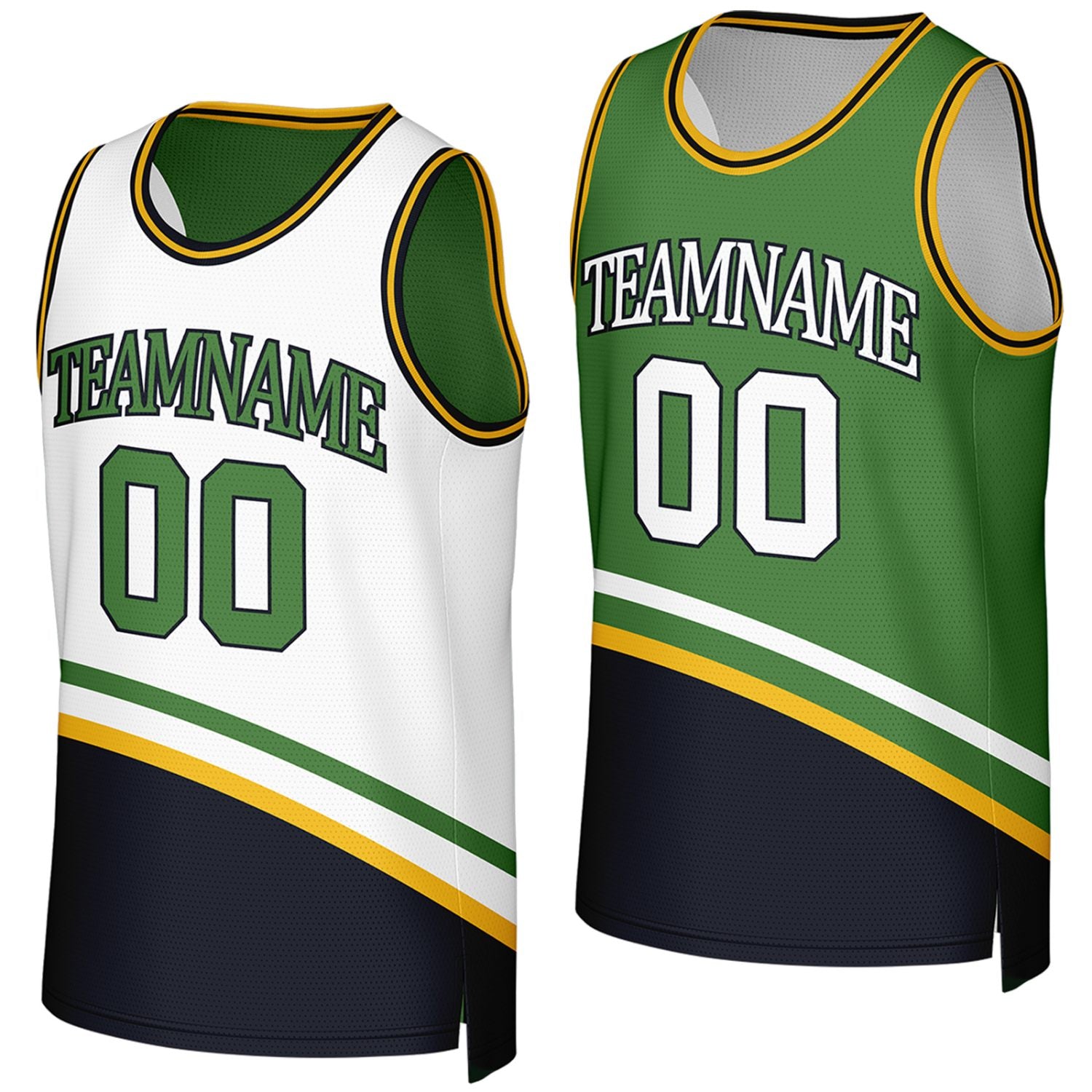 custom corporate basketball jerseys white green reversible by Vosoli, Personalized team name, number & logo. Fast delivery.