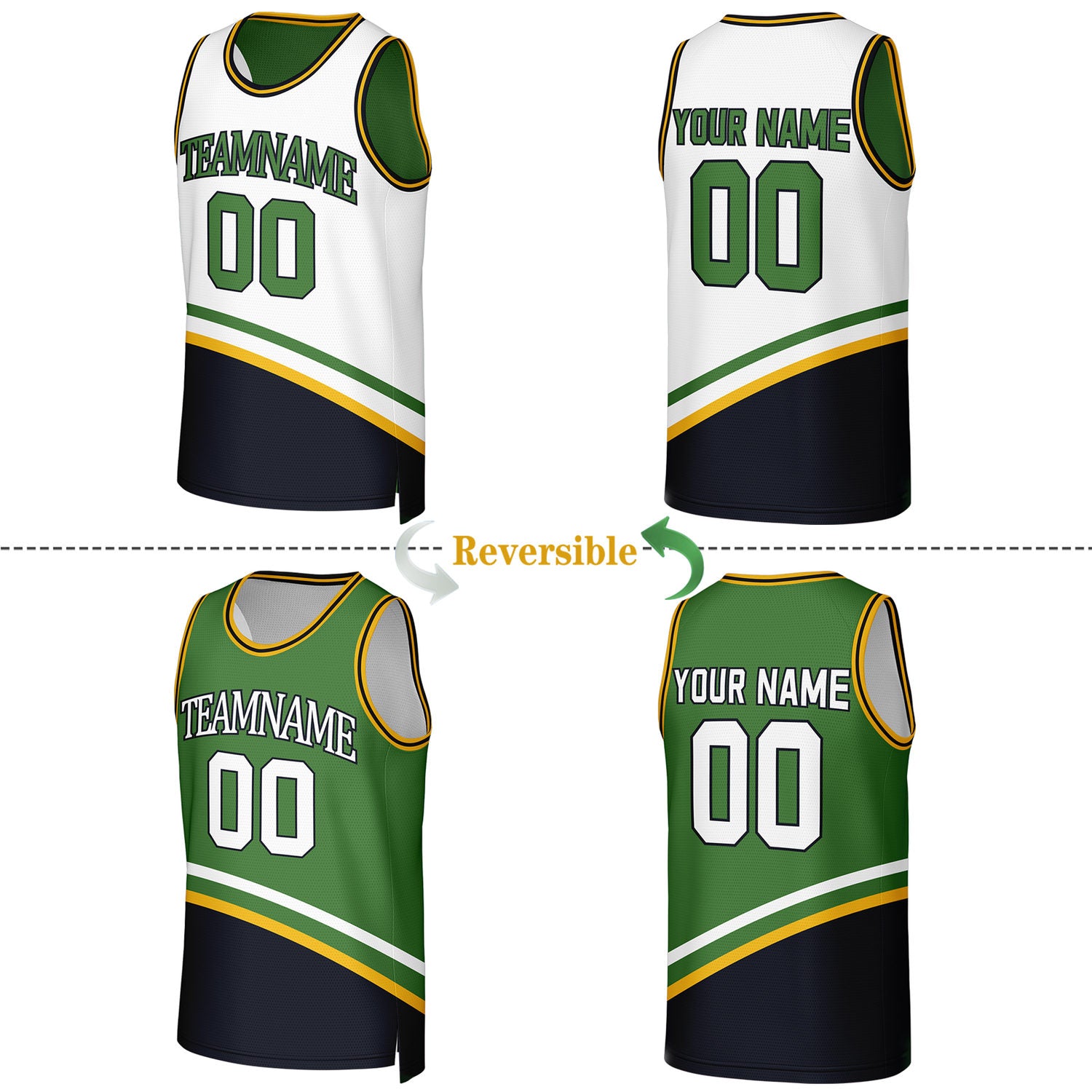 Custom White & Green Reversible Basketball Jersey | Personalized Team Jerseys for Adult & Youth