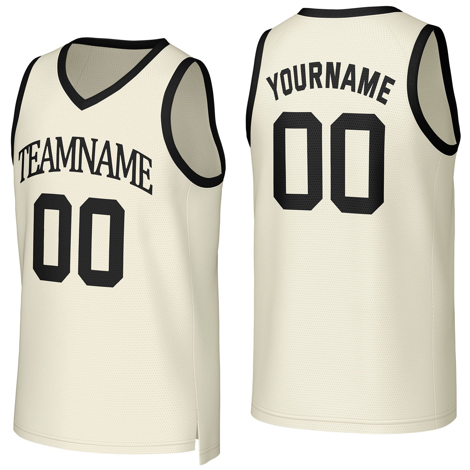 Custom cream-black V-neck mesh basketball jersey by Vosoli | Personalized name & number team uniform for youth & adults