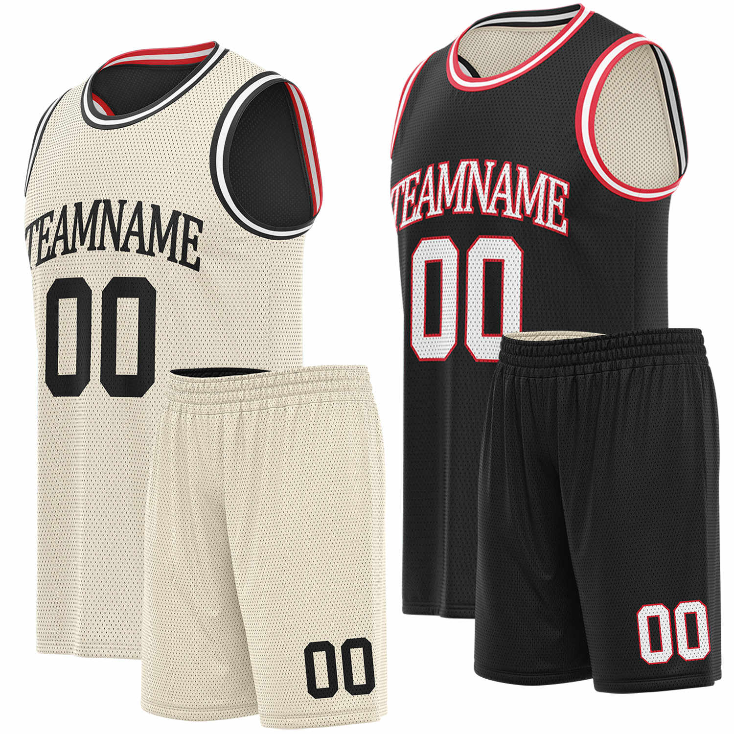 Custom cream, black & red basketball jersey set, personalized name number team logo, sleeveless jersey with matching shorts sports uniform for men women youth adult game practice - Vosoli