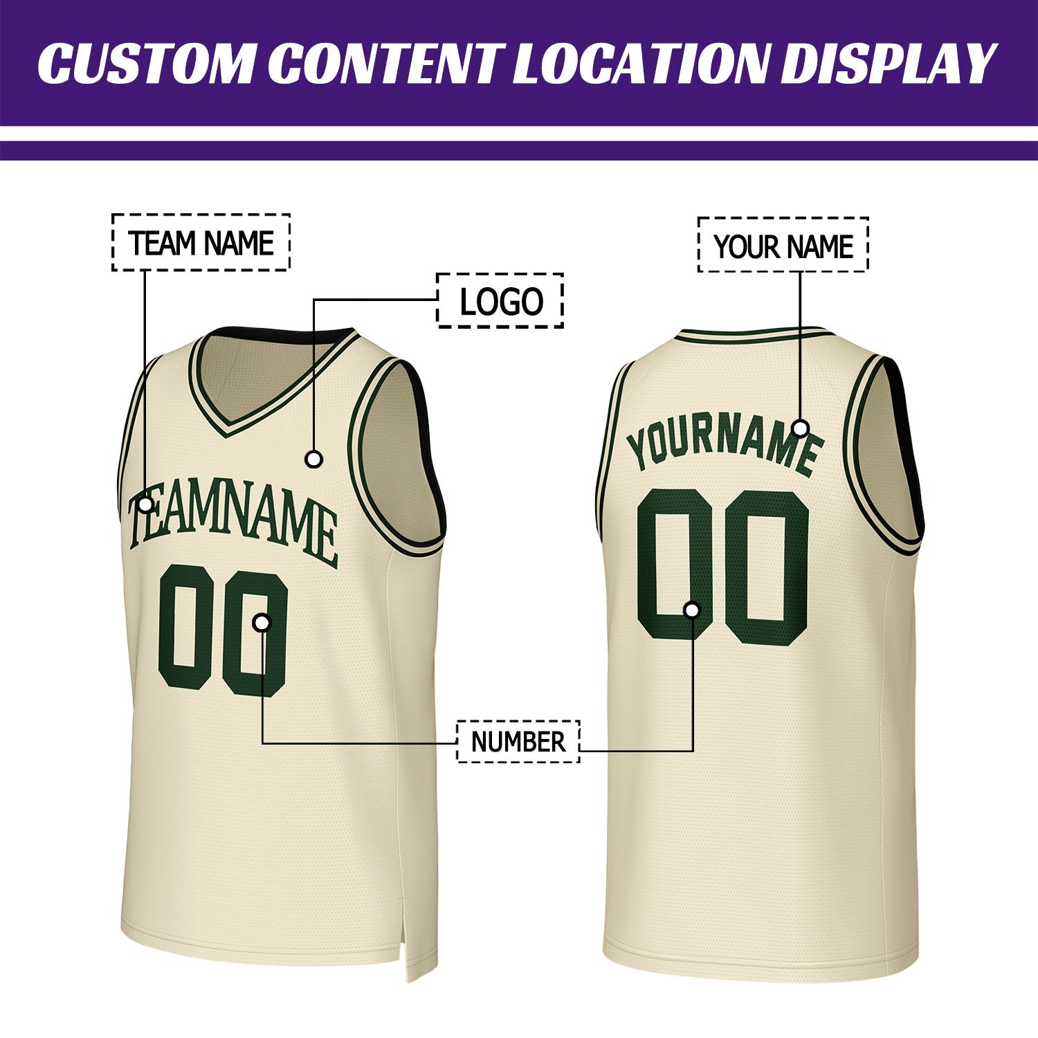 Custom Cream & Dark Green Basketball Jersey | Personalized Name & Number Team Uniform