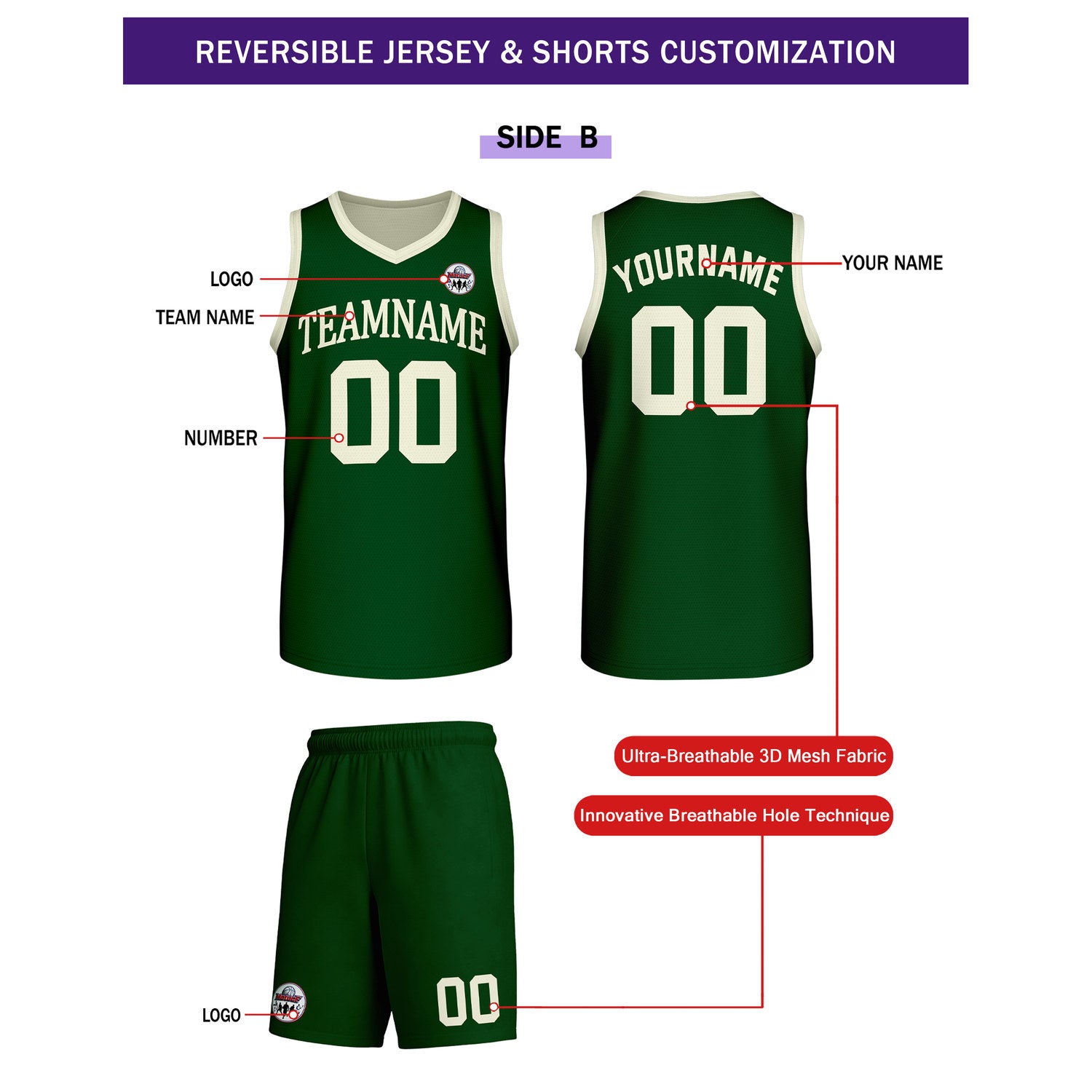 Custom Cream & Dark Green Reversible Basketball Uniform Set | Personalized Team Name & Number - Vosoli