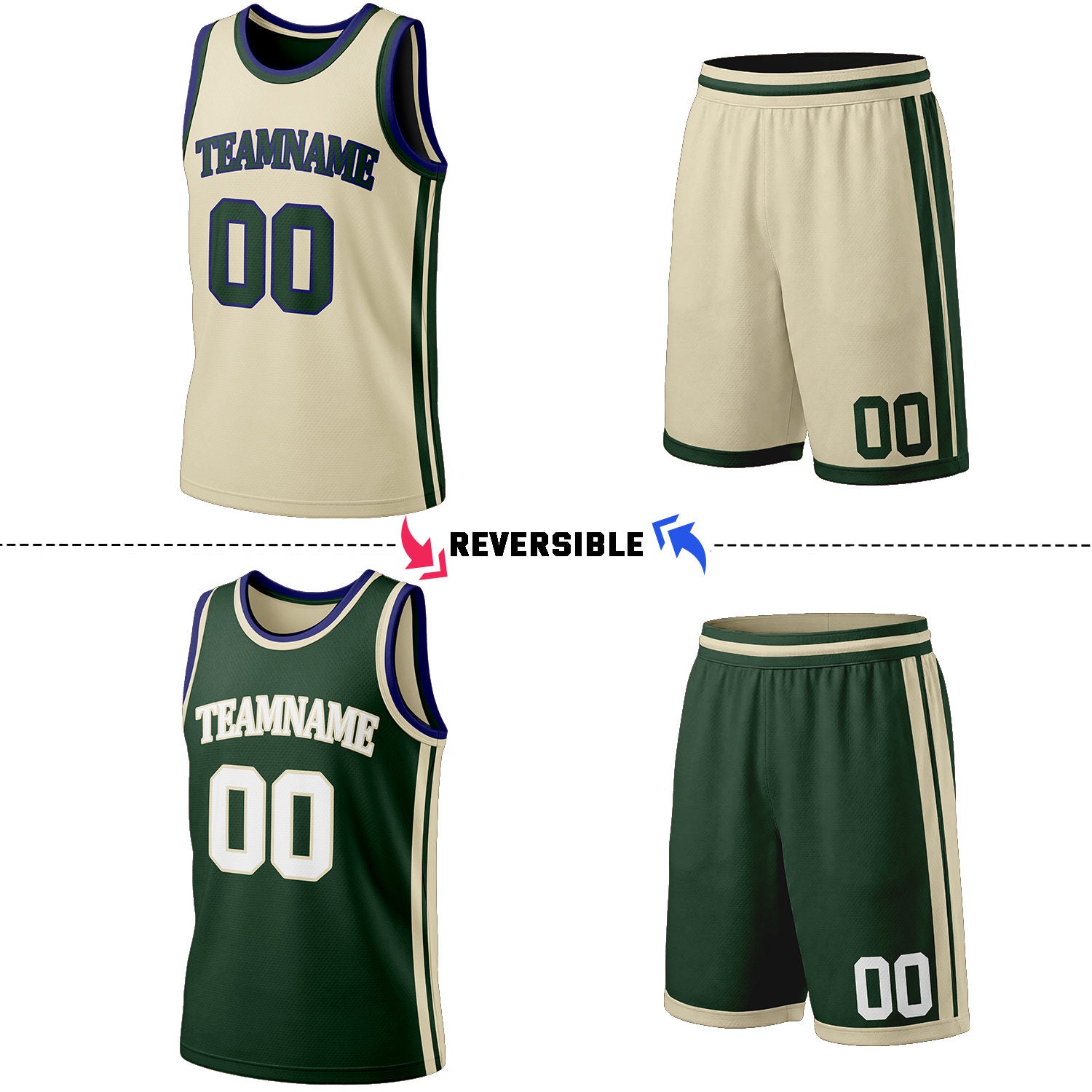 Custom Cream & Dark Green Reversible Basketball Jersey Shorts Set | Personalized Full Team Uniform