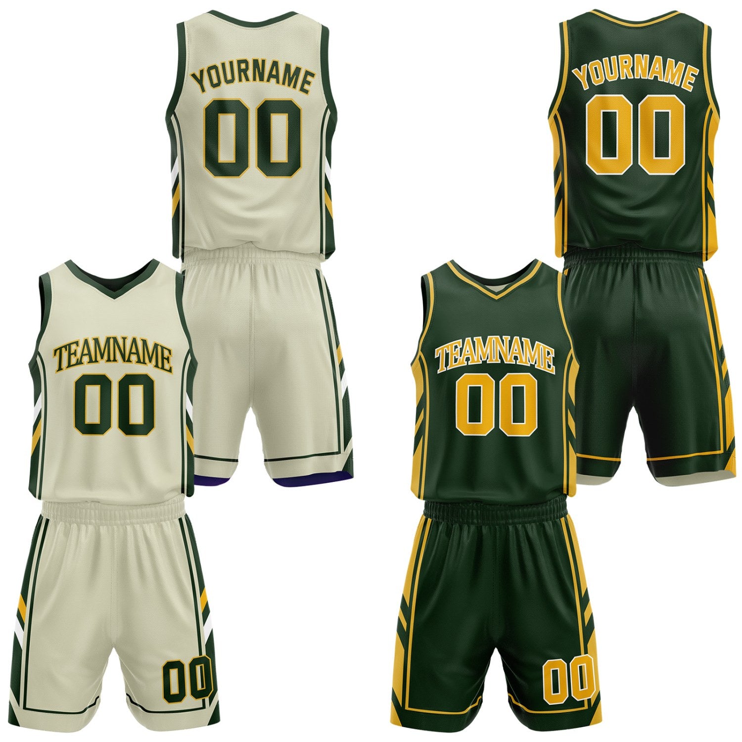 Custom cream & dark green reversible basketball uniform set by Vosoli | Personalized team name, number & logo | Breathable mesh jersey and shorts sport set