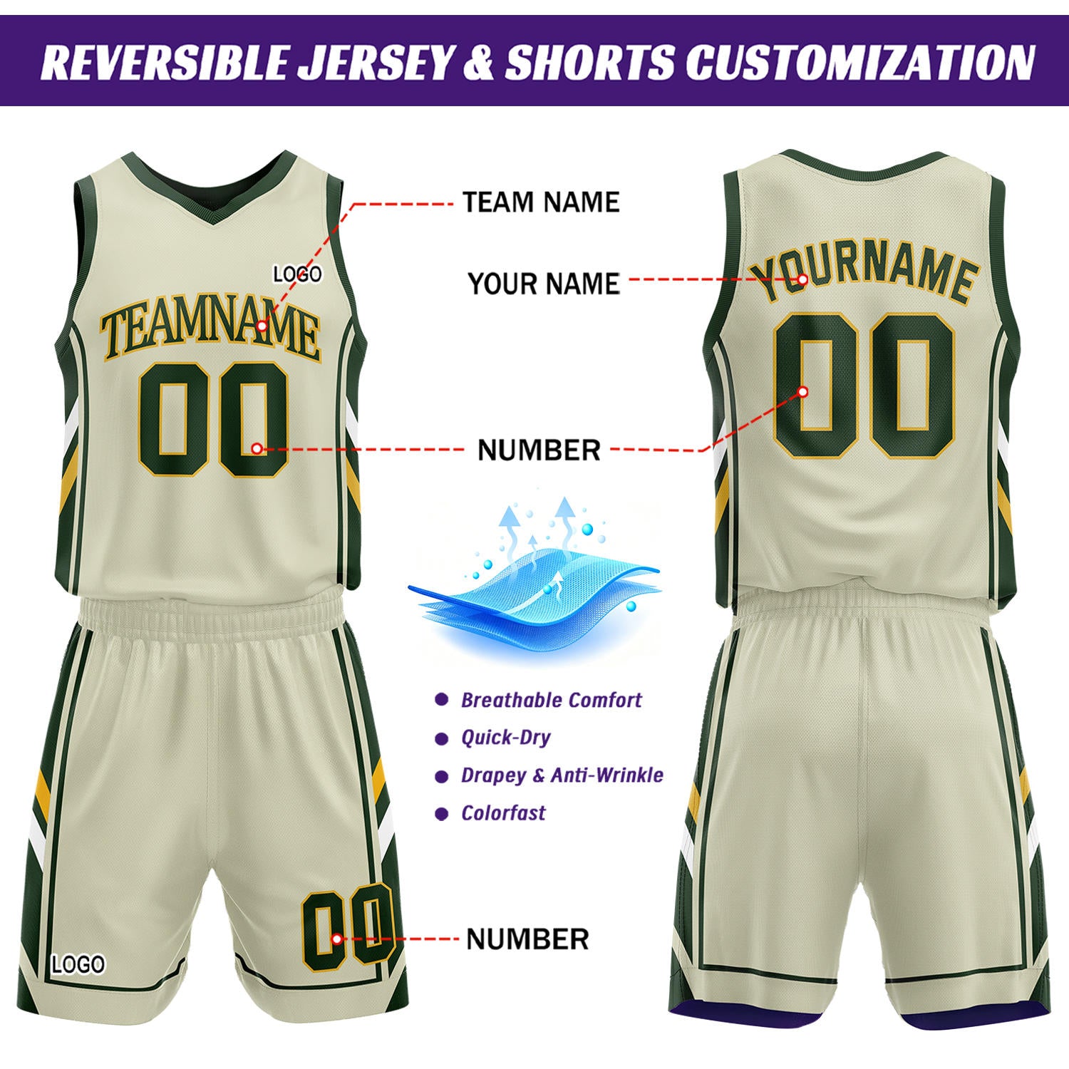 Custom Cream & Dark Green Reversible Basketball Uniform Set | Personalized Name Number Sports Jersey Shorts Kit