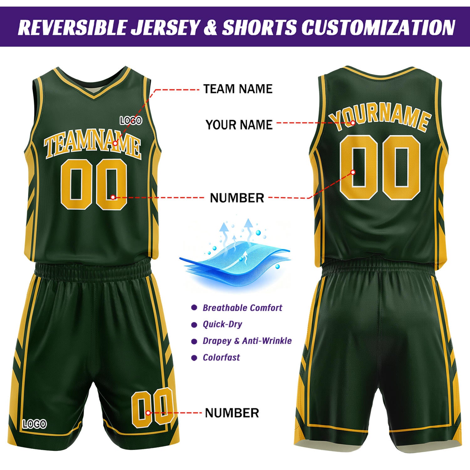 Custom Cream & Dark Green Reversible Basketball Uniform Set | Personalized Name Number Sports Jersey Shorts Kit