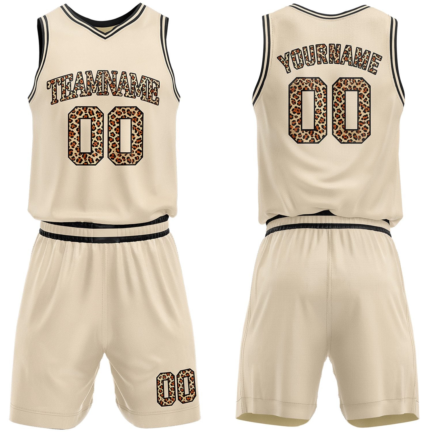 Custom cream leopard accent basketball jersey & shorts set by Vosoli | Personalized team name & number sportswear