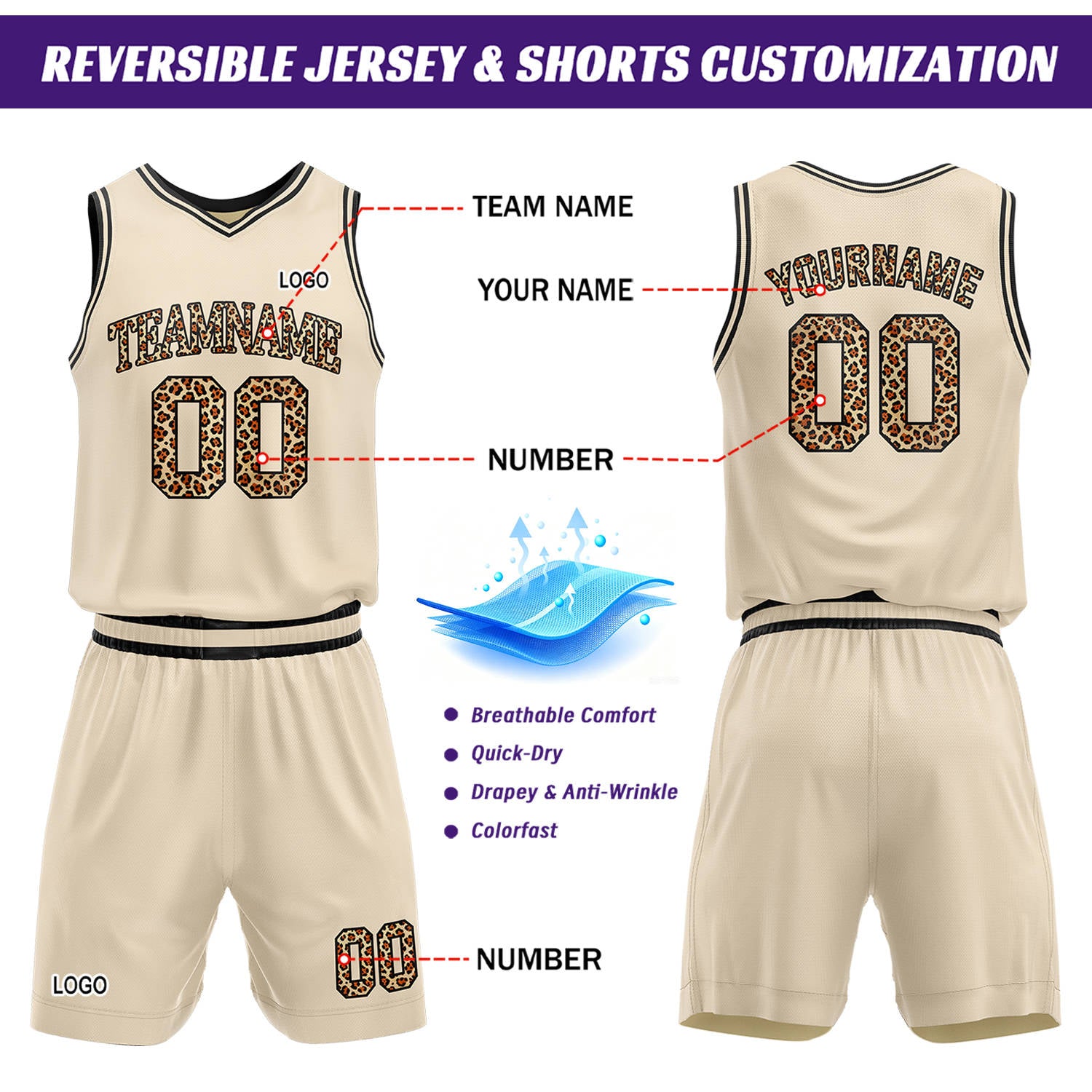 Custom Cream Leopard Accent Basketball Jersey & Shorts Set | Personalized Team Uniform