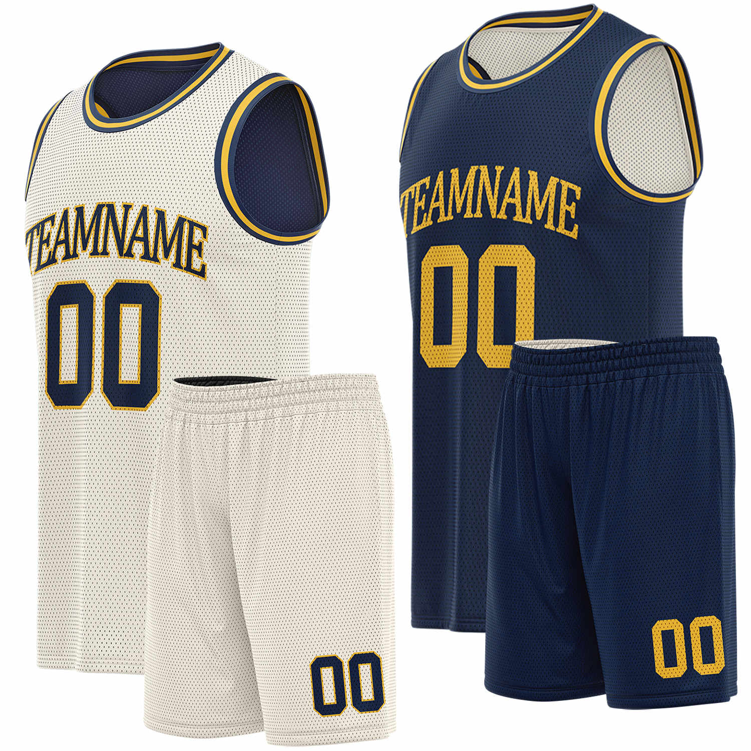Custom cream, navy & gold basketball jersey set, personalized name number team logo, sleeveless jersey with matching shorts sports uniform for men women youth adult game practice - Vosoli