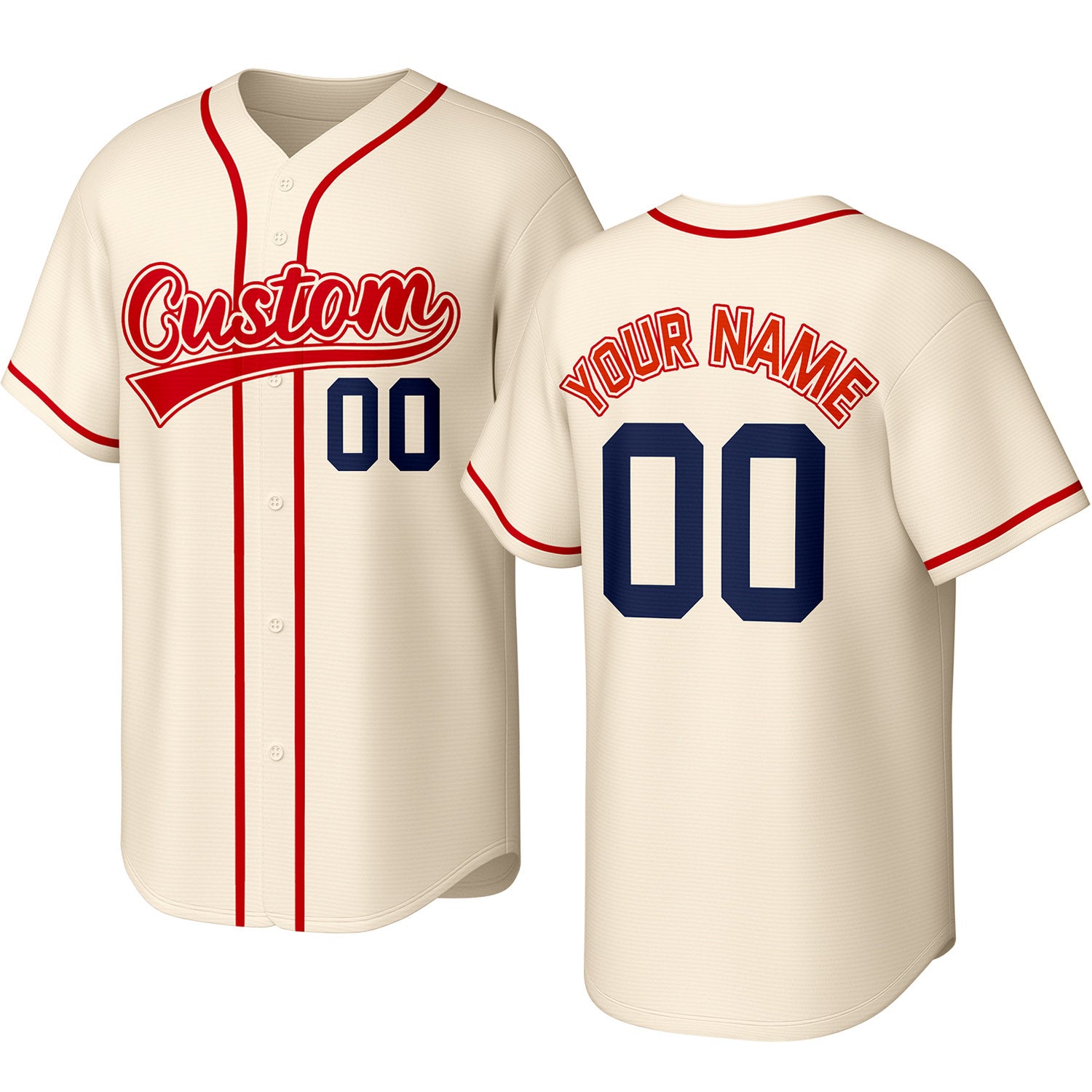 Custom cream, red & navy baseball jersey with stitched logo, personalized name & number, button-front short-sleeve sports uniform for team men women youth game practice - Vosoli