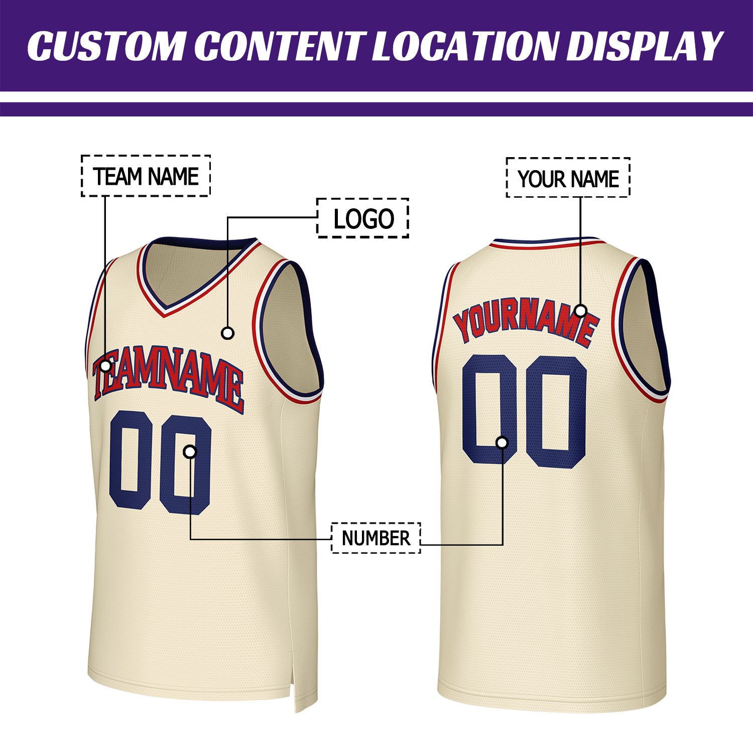 Custom Cream Red & Navy Basketball Jersey | Personalized Name & Number Team Uniform