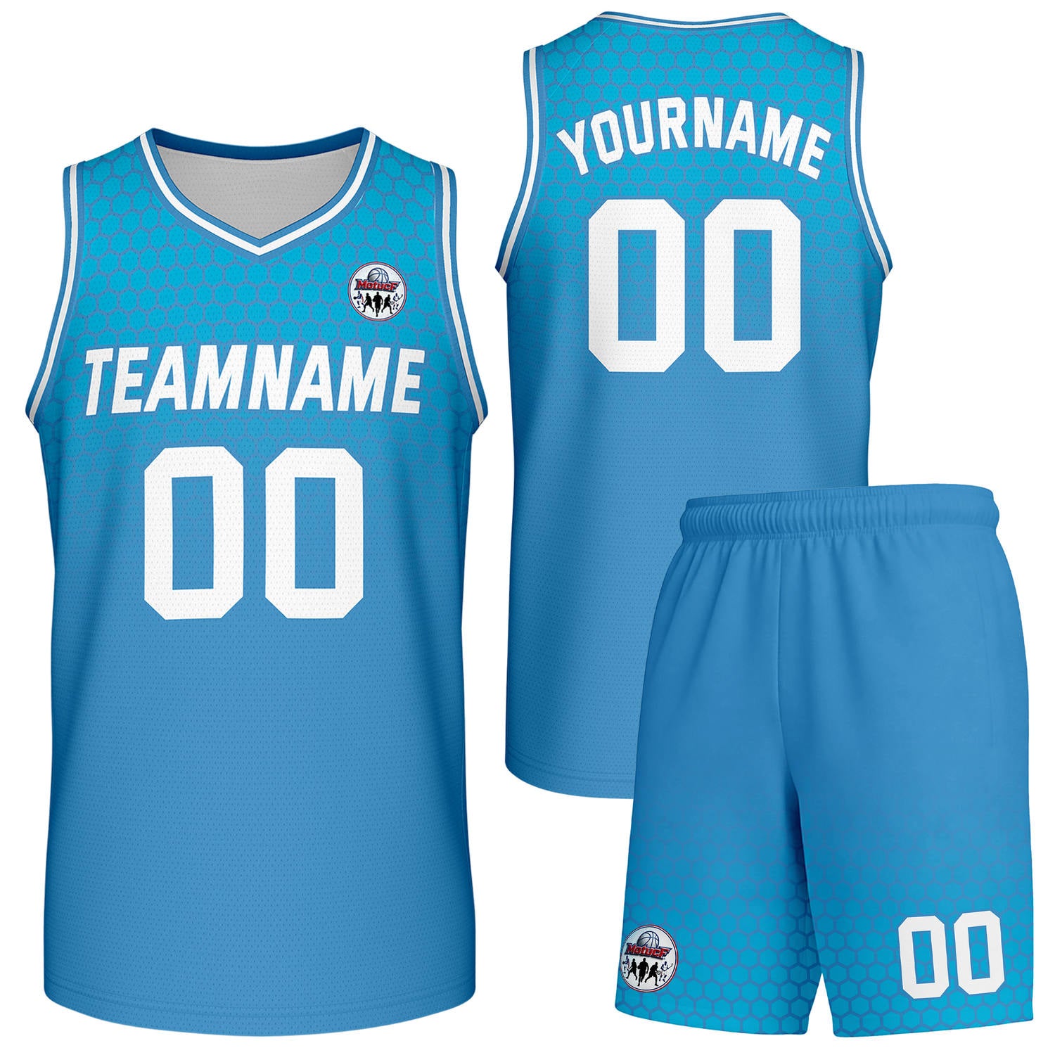 Custom blue honeycomb-pattern basketball uniform set, personalized team name number logo breathable mesh jersey and shorts men women youth game practice - Vosoli