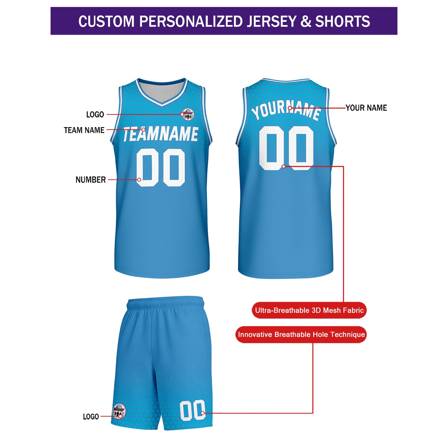 Custom Cyan & Blue Honeycomb Basketball Uniform Set | Personalized Team Name & Number - Vosoli
