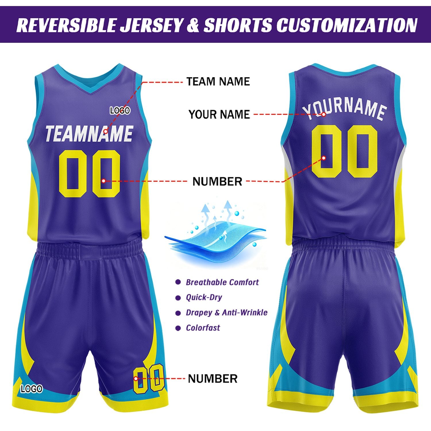 Custom Cyan Purple Reversible Basketball Jersey Set | Personalized Name Number Mesh Sports Uniform