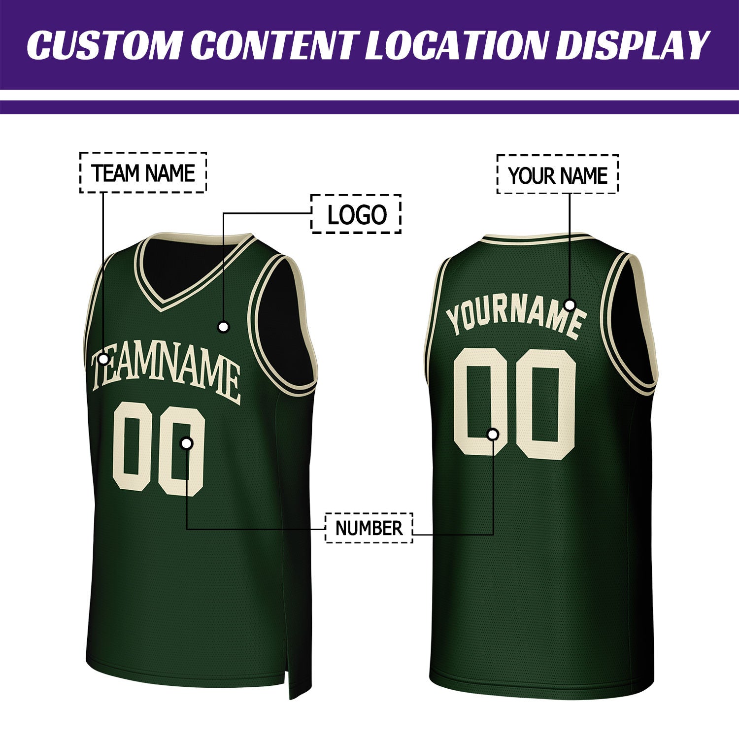 Custom Dark Green & Cream Basketball Jersey | Personalized Name & Number Team Uniform