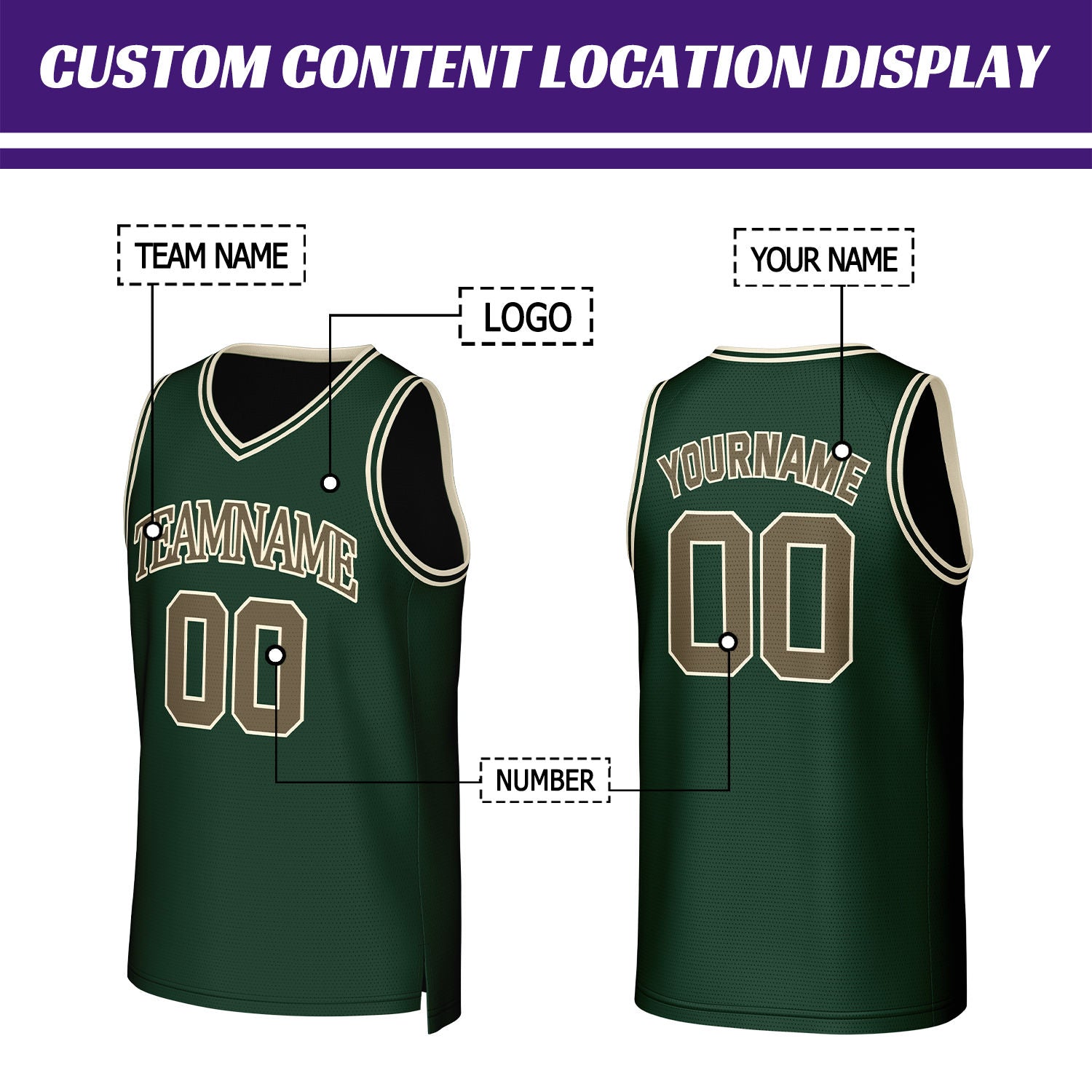Custom Dark Green & Tan Basketball Jersey | Personalized Name & Number Team Uniform