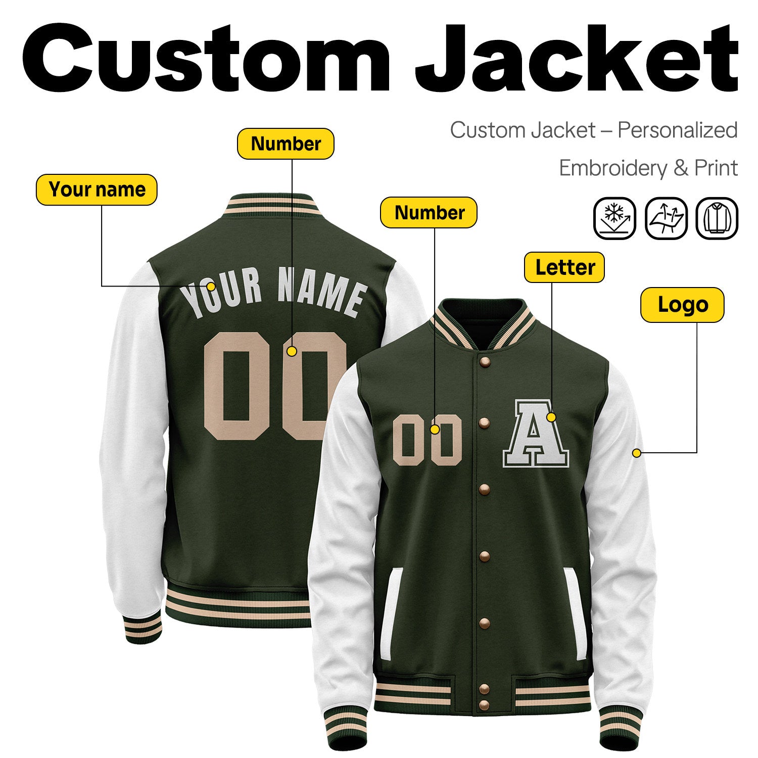 Custom Varsity Jacket with Stitched Name & Number | Dark Green & White Personalized Team Letterman Bomber