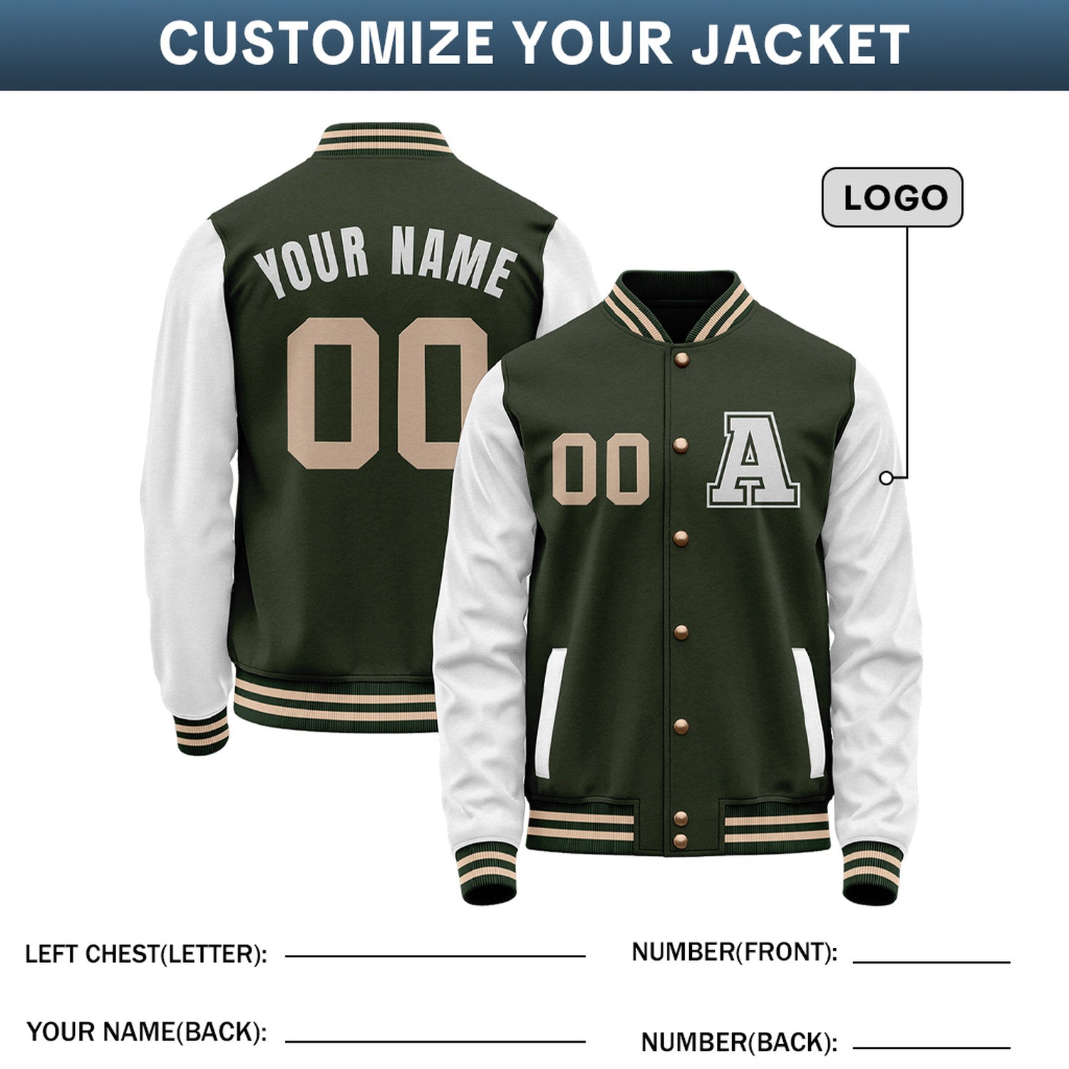 Custom Varsity Jacket with Stitched Name & Number | Dark Green & White Personalized Team Letterman Bomber