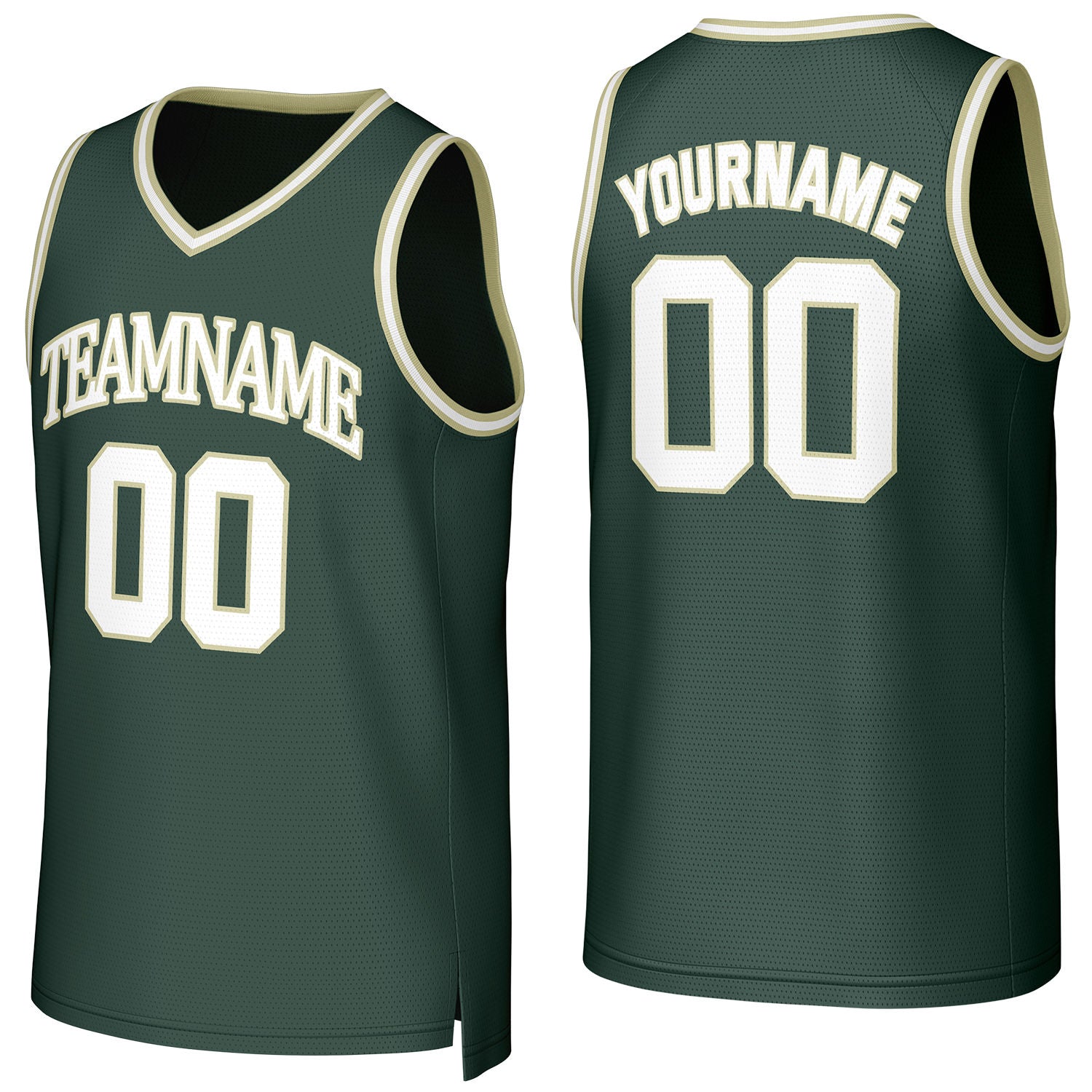 Custom dark green-white V-neck mesh basketball jersey by Vosoli | Personalized name & number team uniform for youth & adults