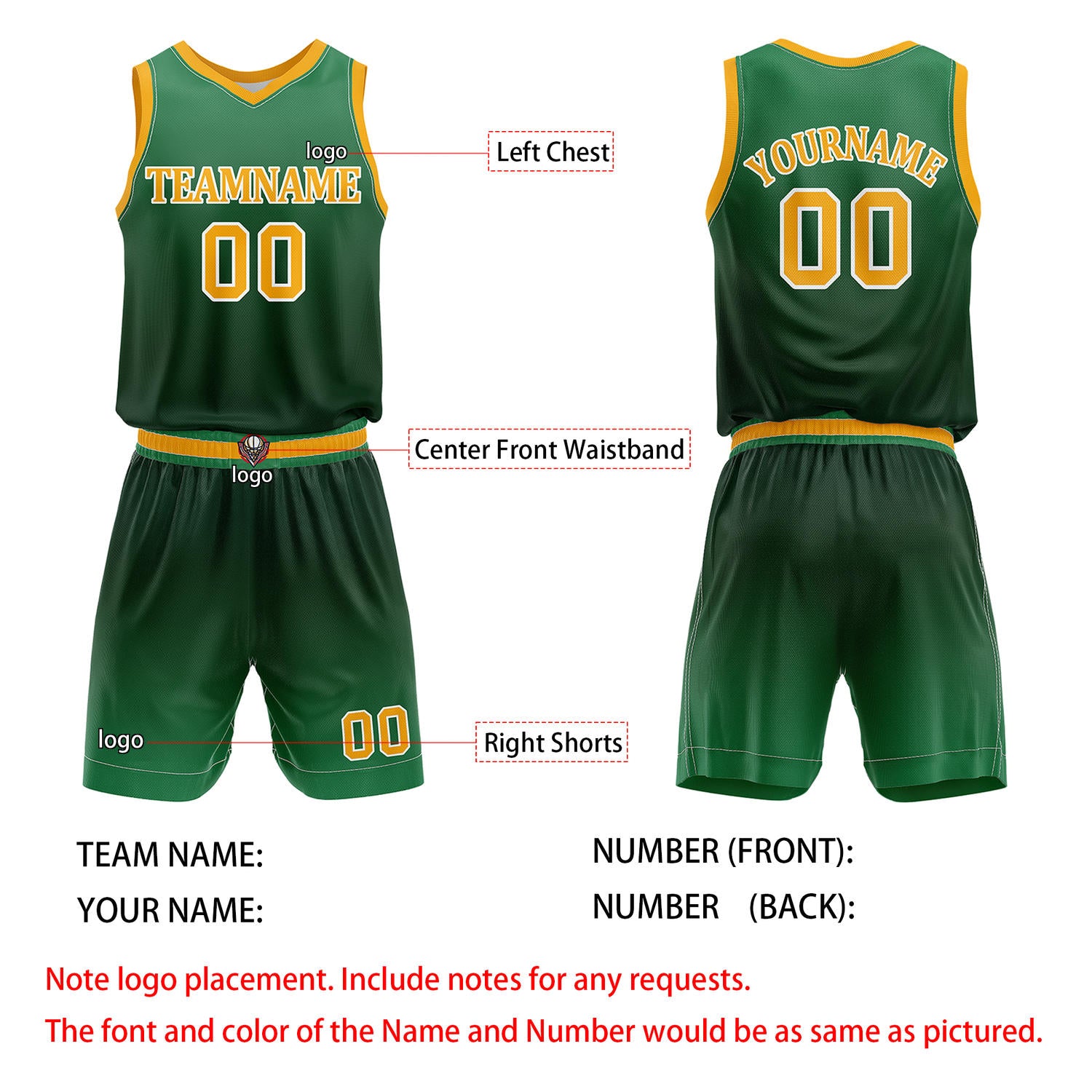 Custom Dark Green & Yellow Basketball Jersey + Shorts Set - Personalized Team Name, Number & LOGO | Vosoli