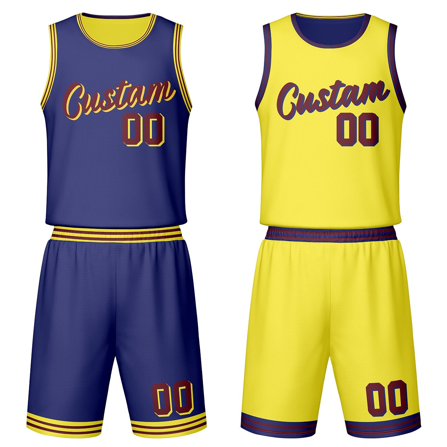 Custom dark blue & yellow reversible basketball jersey set with shorts by Vosoli | Personalized team name, number & logo | Breathable mesh sport jersey uniform