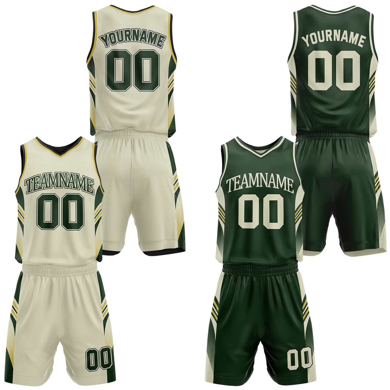 Custom dark green and cream reversible basketball uniform by Vosoli. Personalized with team name, number, and logo. Breathable mesh jersey and shorts for high school, college, AAU teams.