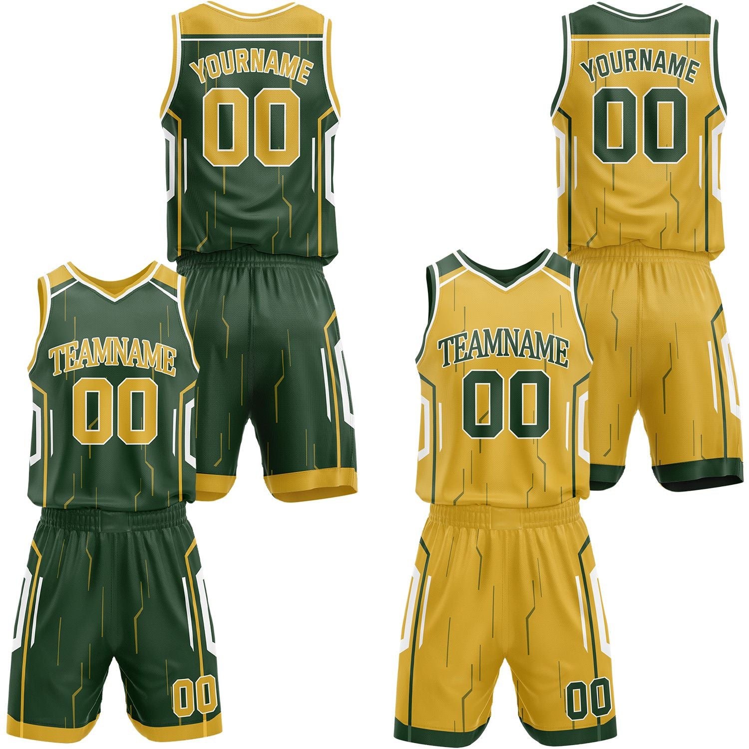 Custom dark green & gold reversible basketball jersey shorts set by Vosoli | Personalized block team name number circuit geometric uniform sportswear