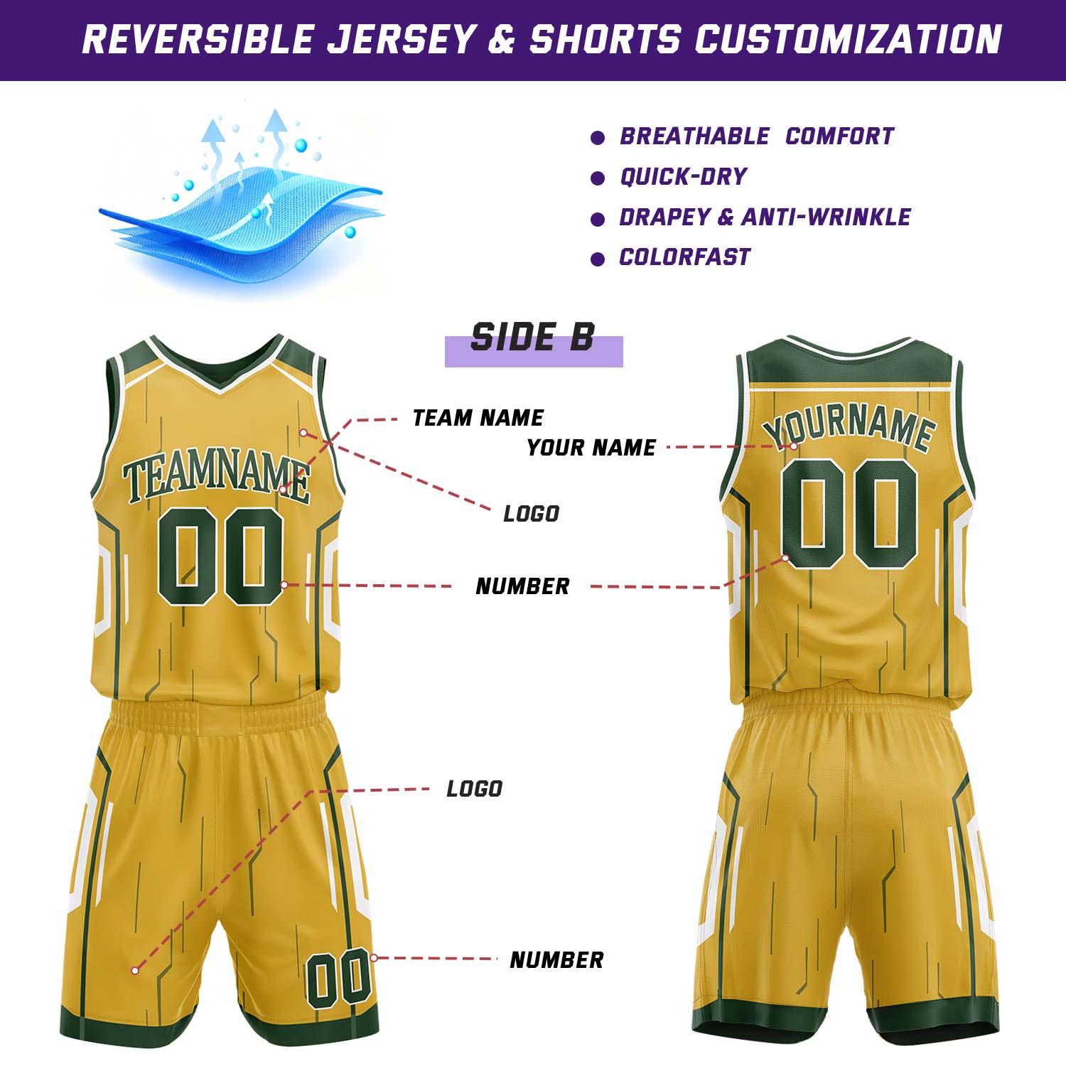 Custom Dark Green & Gold Reversible Circuit Geometric Basketball Jersey Shorts Set | Personalized Team Uniform